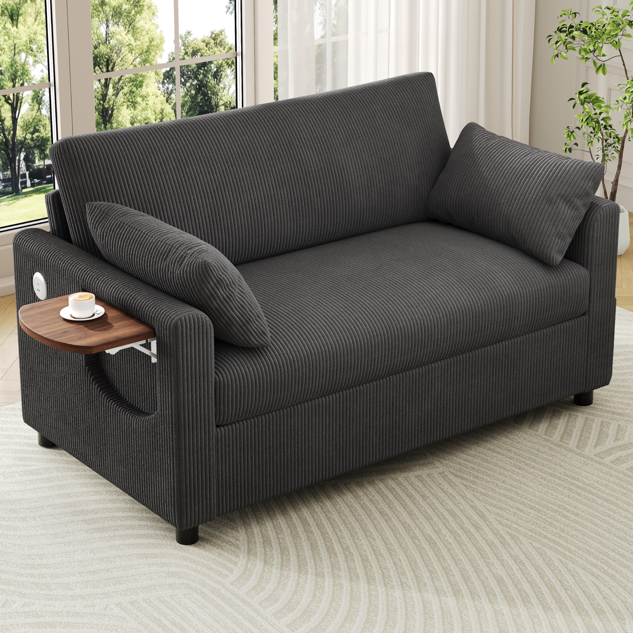 Divano letto 2 posti allungabile con funzione letto, porta di ricarica USB, tablet laterale pieghevole, materasso, due lenzuola e due cuscini, ideale per saloni e appartamenti
