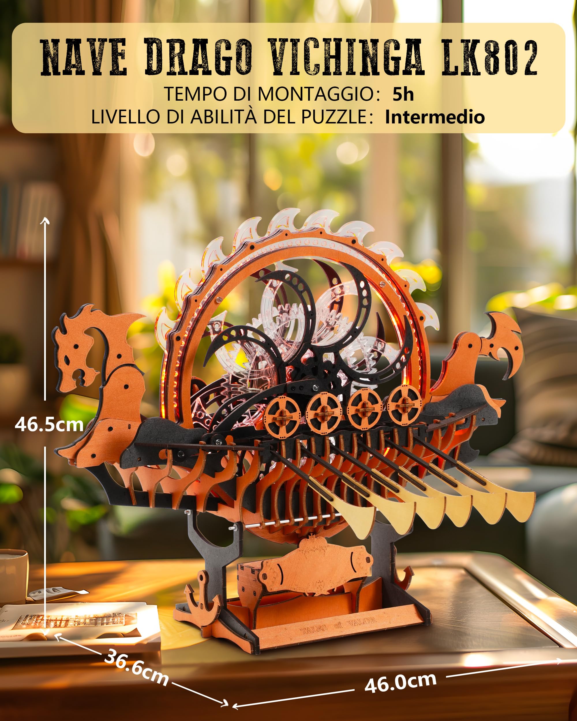 ROWOOD 3D Puzzle in Legno per Adulti da Costruire, Kit di Modelli Meccanici Viking Dragon Ship con LED, Decorazione Casa Accattivante, Ideale Regalo per Appassionati di Modelli di Nave