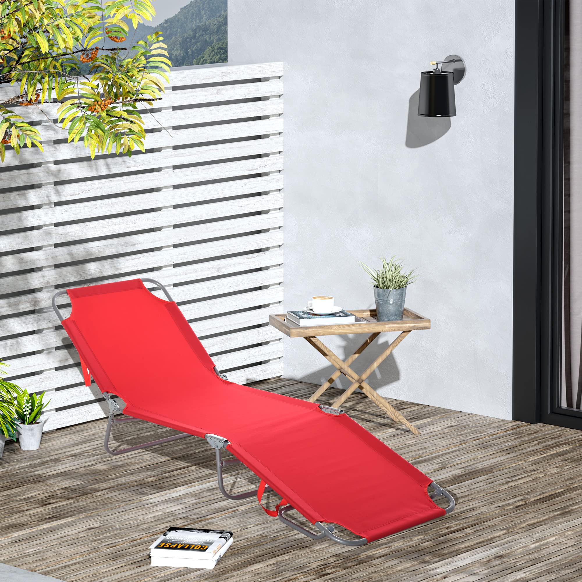 Outsunny Lettino Prendisole Pieghevole Reclinabile 187x55x24cm Rosso | Schienale su 5 Livelli, Sdraio da Spiaggia e Giardino, Struttura in Metallo e Tessuto Oxford, per Piscina