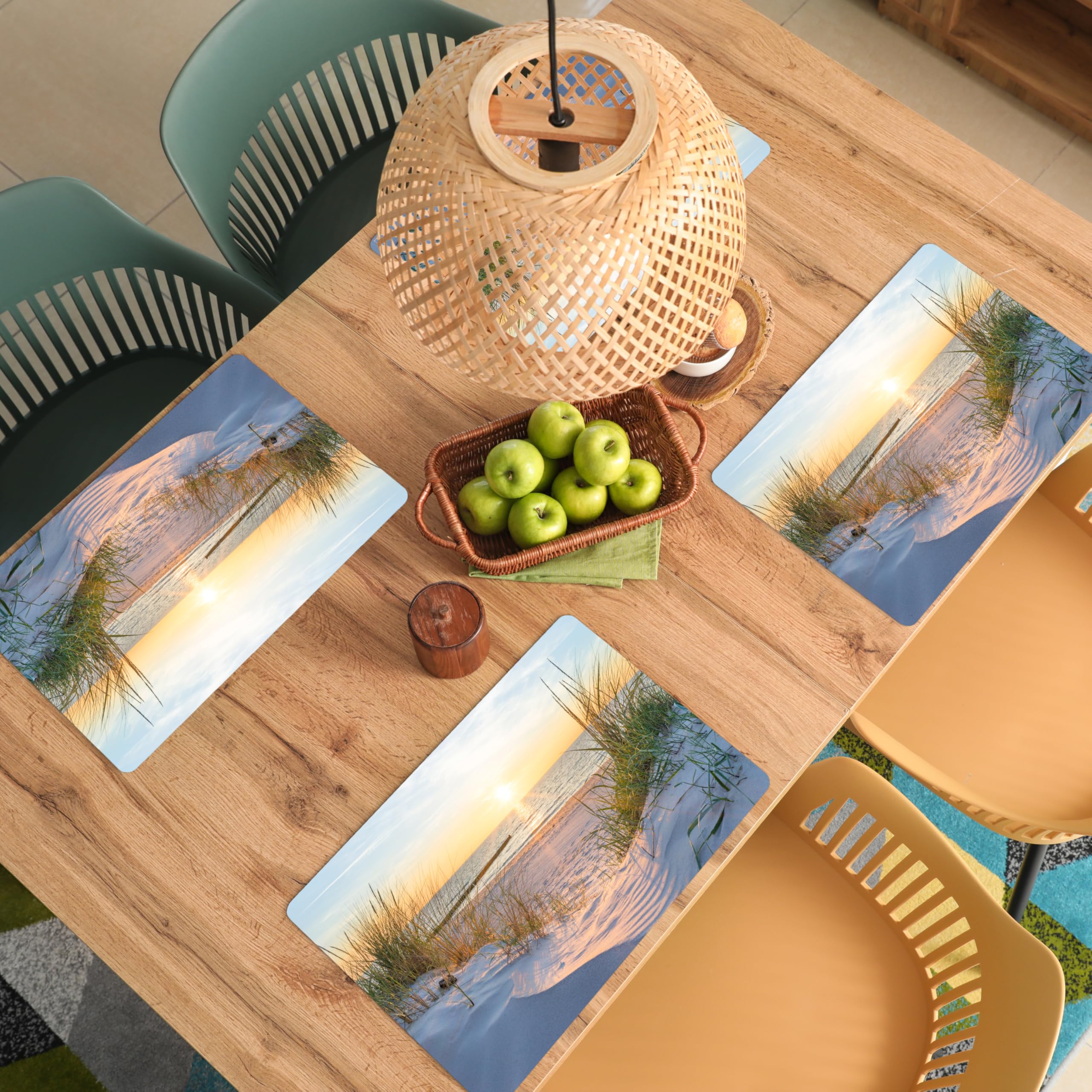 KitchenYeah© Platzsets Abwaschbare Placemats Set 6 45x30 cm Tischsets Platzdeckchen Platzset Tischset Esstisch Telleruntersetzer Waschbar Strand - Sonne - Düne - Gras - Sand - Horizont