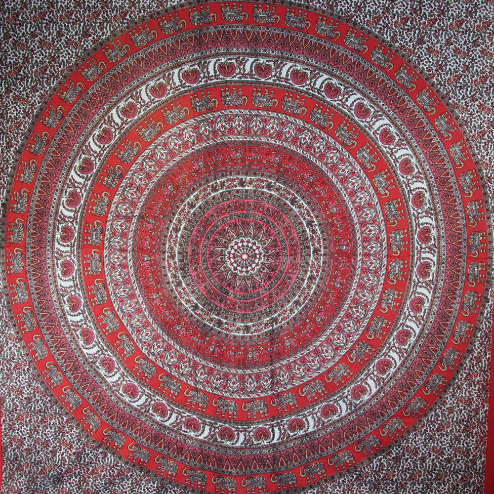 Shiva Elephant Mandala Bedspread/Printed Cotton Bed Cover/Indian Bedspreads - Red