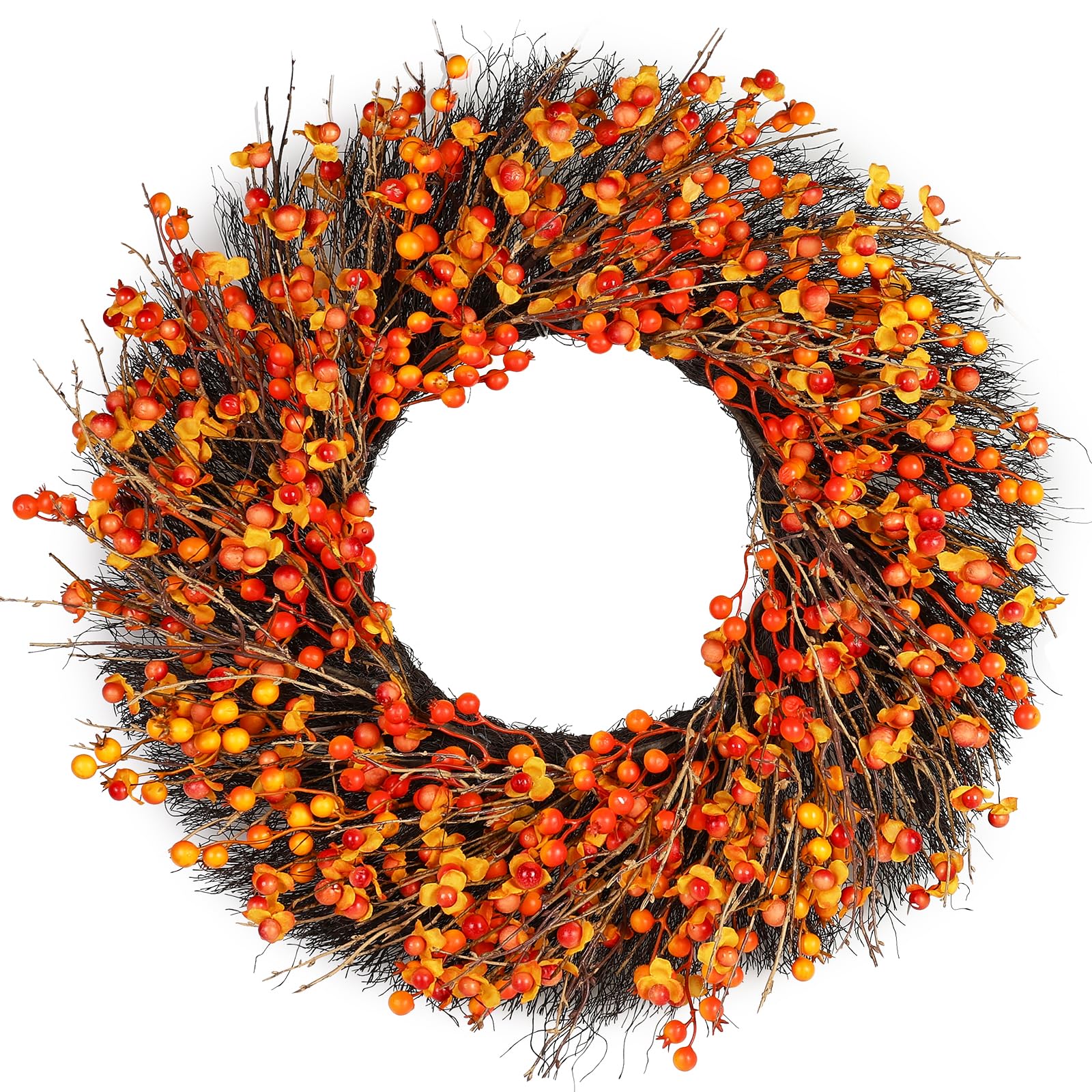 Kuimen Fall Wreaths for Front Door, 24-26 Inch Fall Wreath with Berry Accents, Fall Door Decoration, Weather-Resistant Outdoor Harvest Wreath for Home
