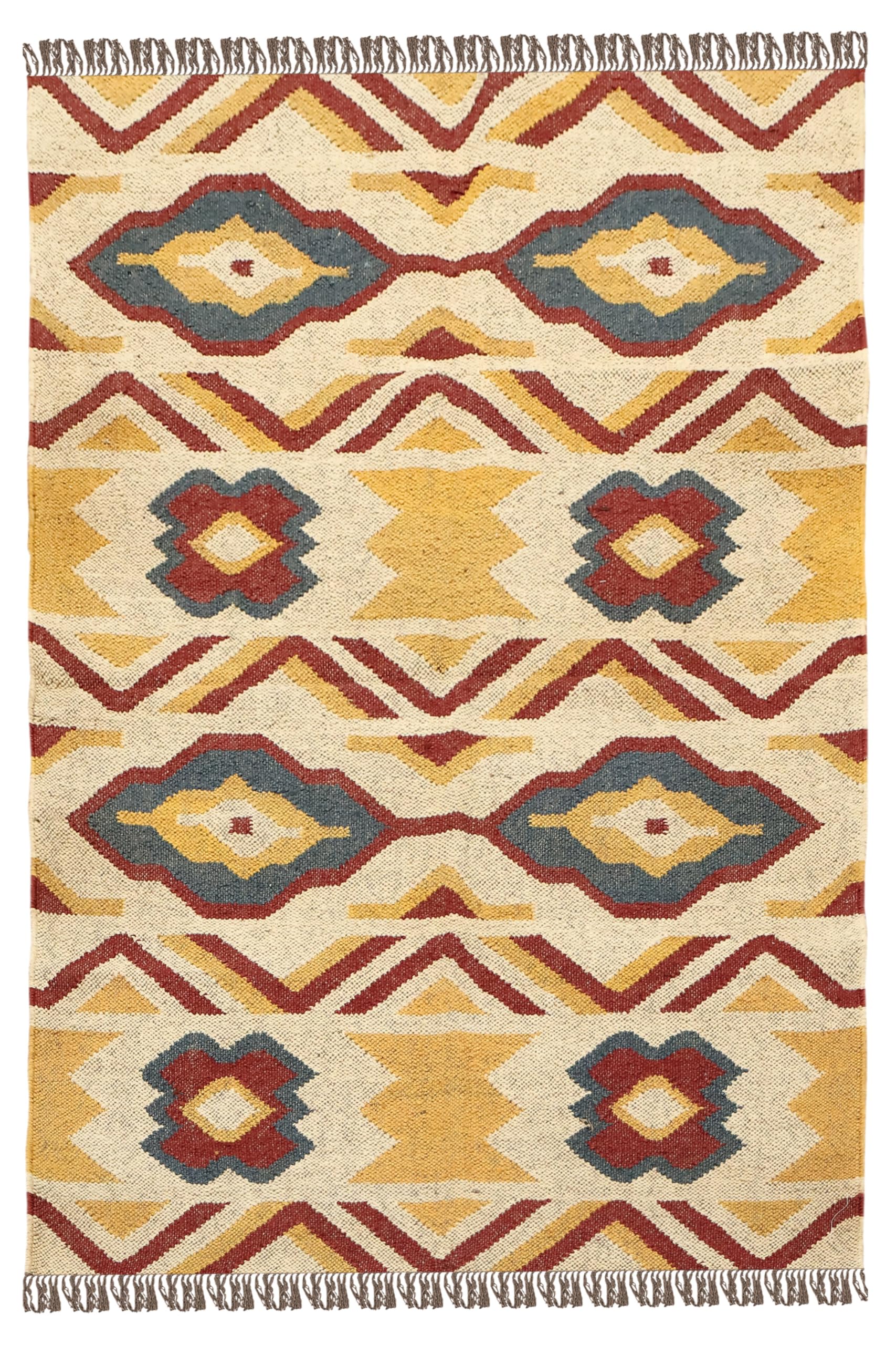 Tapis Kilim en laine et jute 122x182 cm | Grand tapis beige et rouge salon et chambre