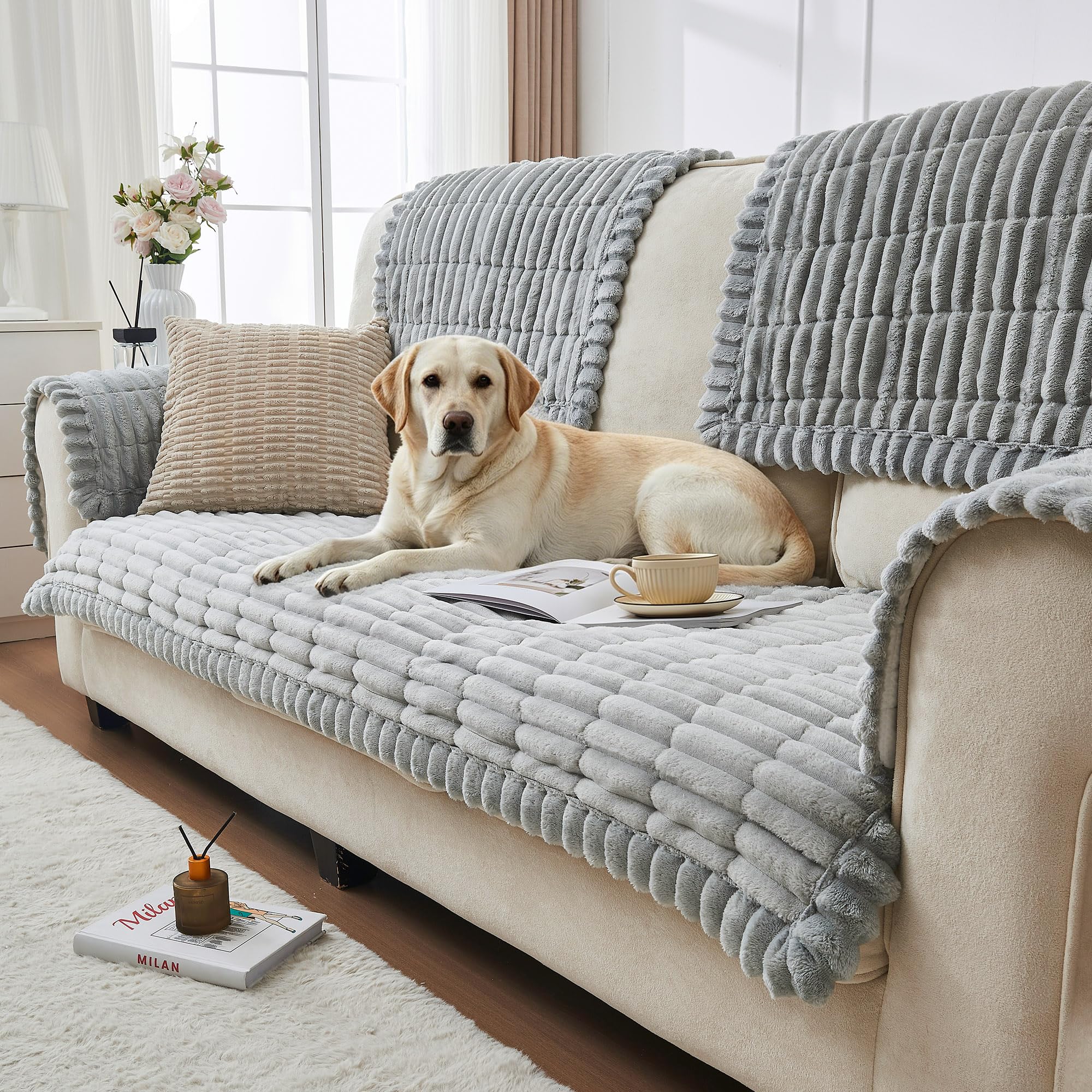 beeweed Thick Corduroy Sofa Cover, Washable Non-Slip Furniture Protector for 2/3/4 Seater, Pet-Friendly Couch Slipcover for Living Room, Soft Universal Couch Seat Cover (Light Grey, 70x180cm)