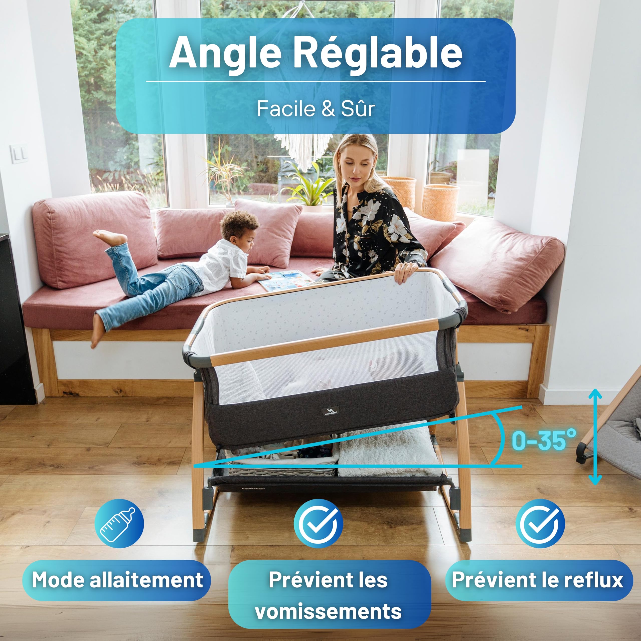 DROMADER Berceau Cododo Évolutif | Lit Bébé à roulettes, 7 Niveaux | Lit cododo, côté rabattable · Réglable sur 7 niveaux · Matelas fourni · Cadre bois à roulettes · Pliable