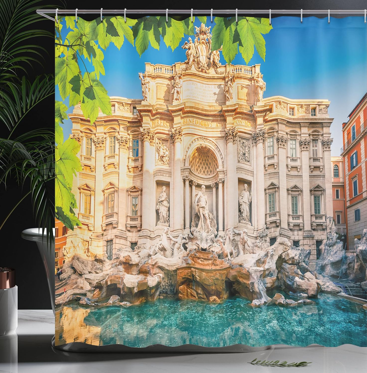 Ambesonne Italy Shower Curtain, Fountain Di Trevi Famous Travel Destination Tourist Attraction European Landmark, Cloth Fabric Bathroom Decor Set with Hooks, 69" W x 70" L, Green Blue Ecru