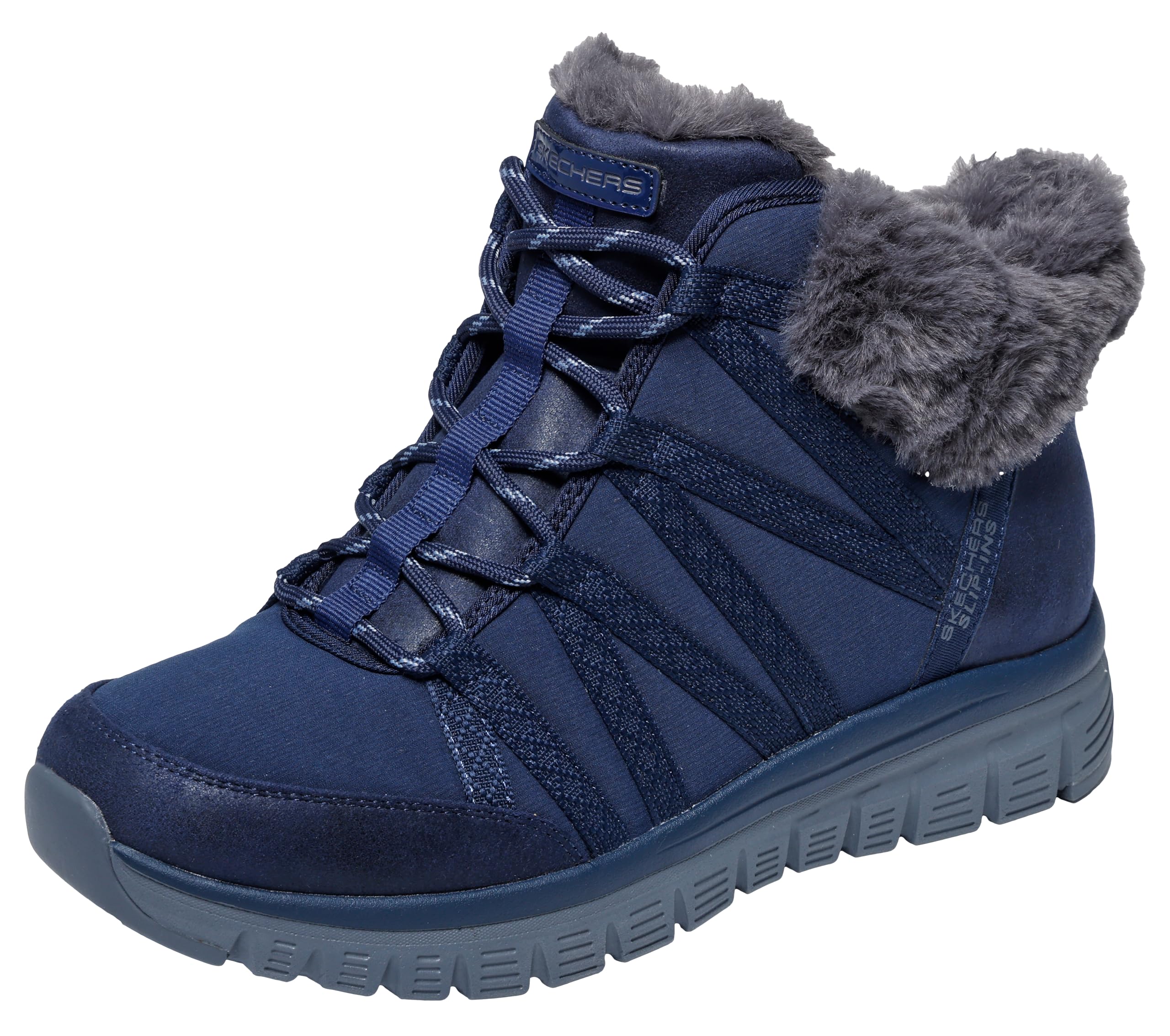 Skechers Womens Graceful Cozy Strolls Ankle Boot, Navy Nylon Webbing Faux Fur, 3.5 UK