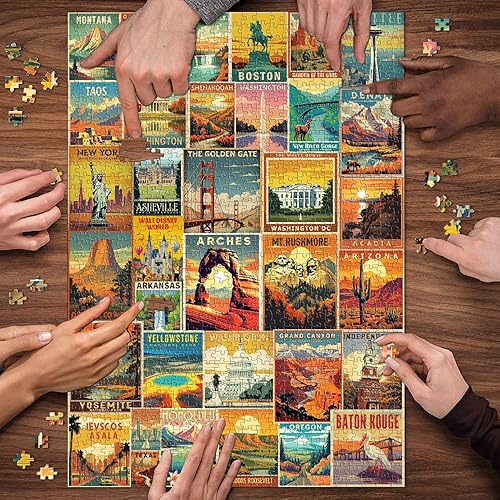 Miniatura 6 de Rompecabezas de viaje vintage de Estados Unidos para adultos, 1000 piezas, rompecabezas de collage de paisaje americano que incluye 35 carteles de