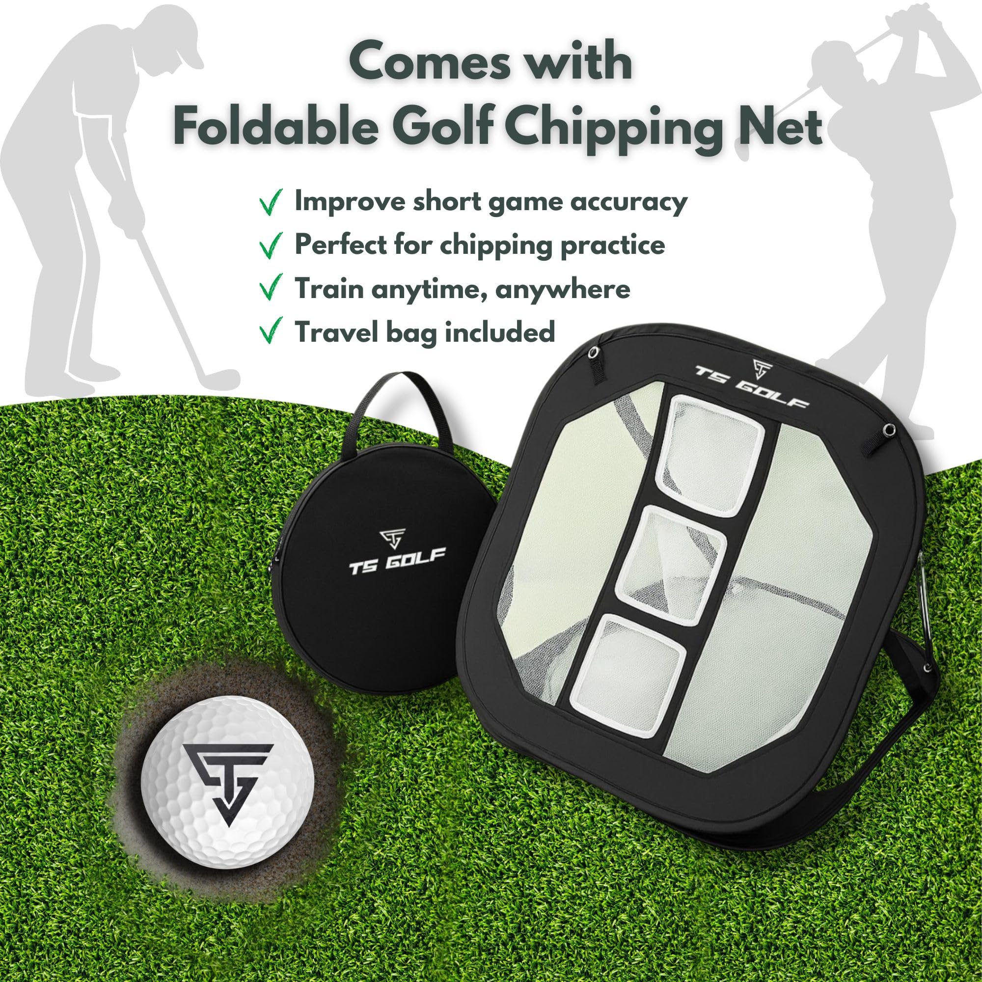Rete da pratica, 3 x 2,1 m, campo di guida interno/esterno con tappetino Tri-Turf, bersaglio per scheggiature, 5 palline, 3 Tee, borsa per il trasporto