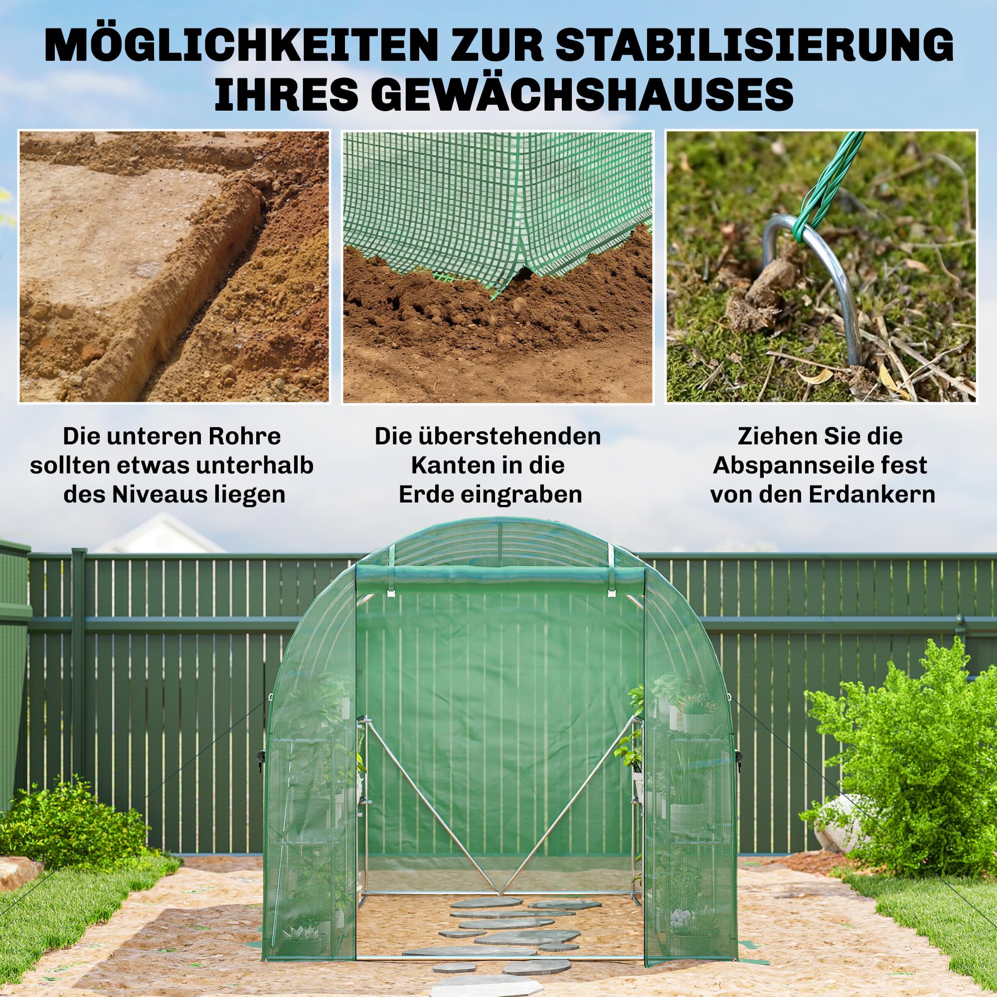 Outsunny Szklarnia ok. 2,7 x 2 x 2 m tunel foliowy z półkami, rolowane drzwi na zamek błyskawiczny, 6 okien siatkowych, wsporniki, odporna na UV, tunel foliowy na zimę, zielony
