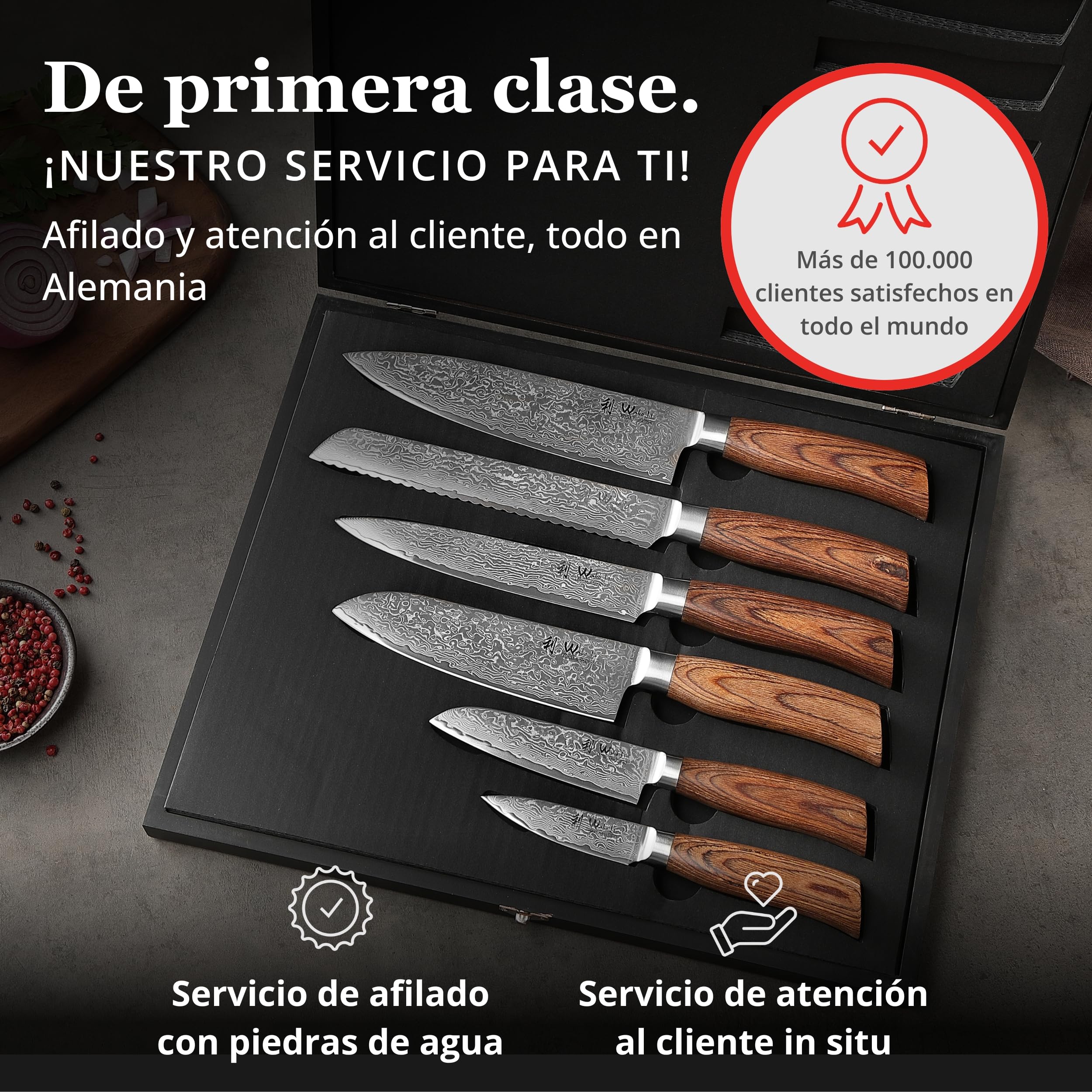 WAKOLI EDIB Pro juego de 6 cuchillos en acero de damasco de 67 capas con núcleo VG10, chef 20 cm, pan 20 cm, carne 17 cm, Santoku 16 cm, Santoku 11 cm y puntilla 8 cm