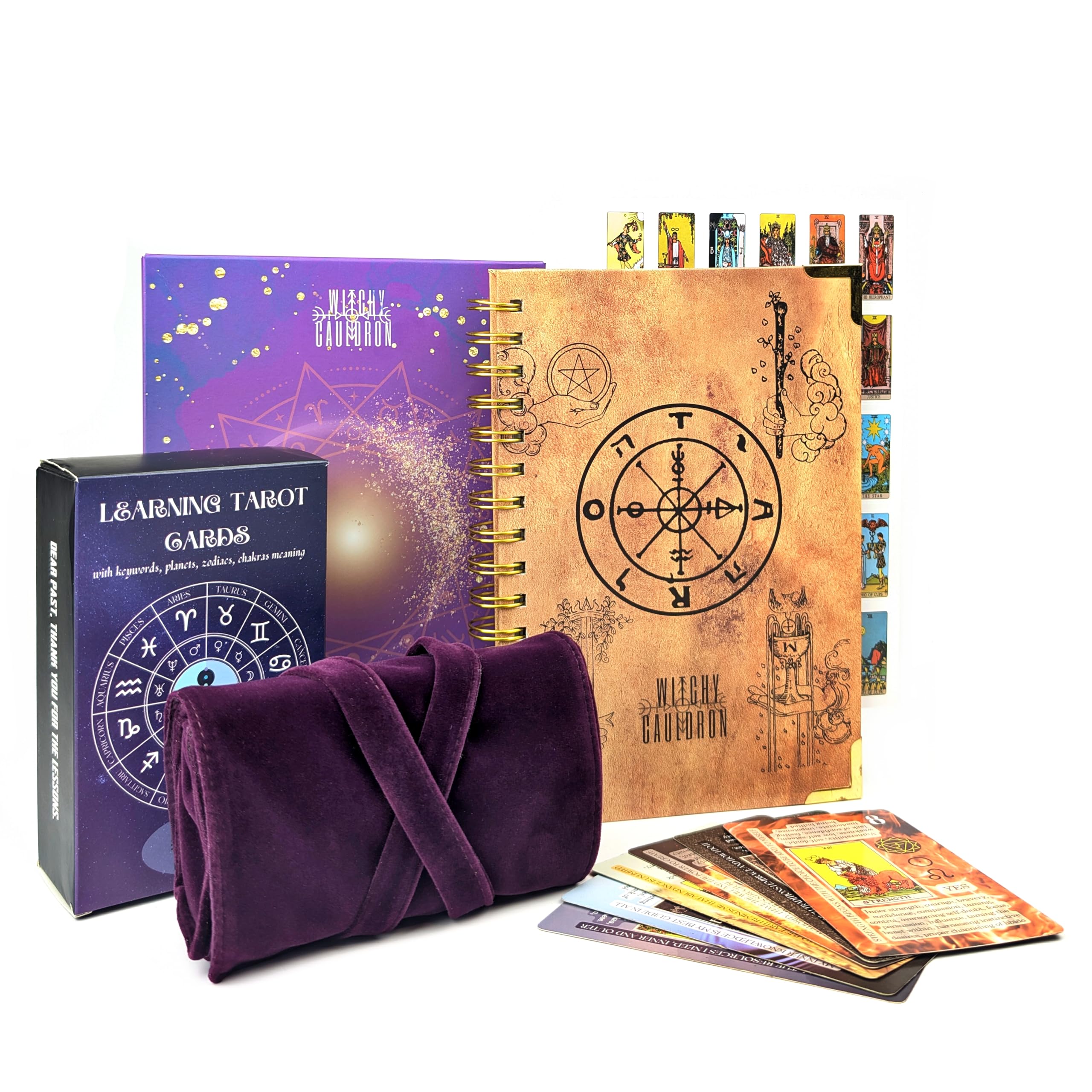 Witchy Cauldron Tarot-Lernset für Anfänger: Tarotkarten für Anfänger, Tarot-Halter aus Satin und Tarot-Tagebuch für die Planung Spiritueller (Lila)