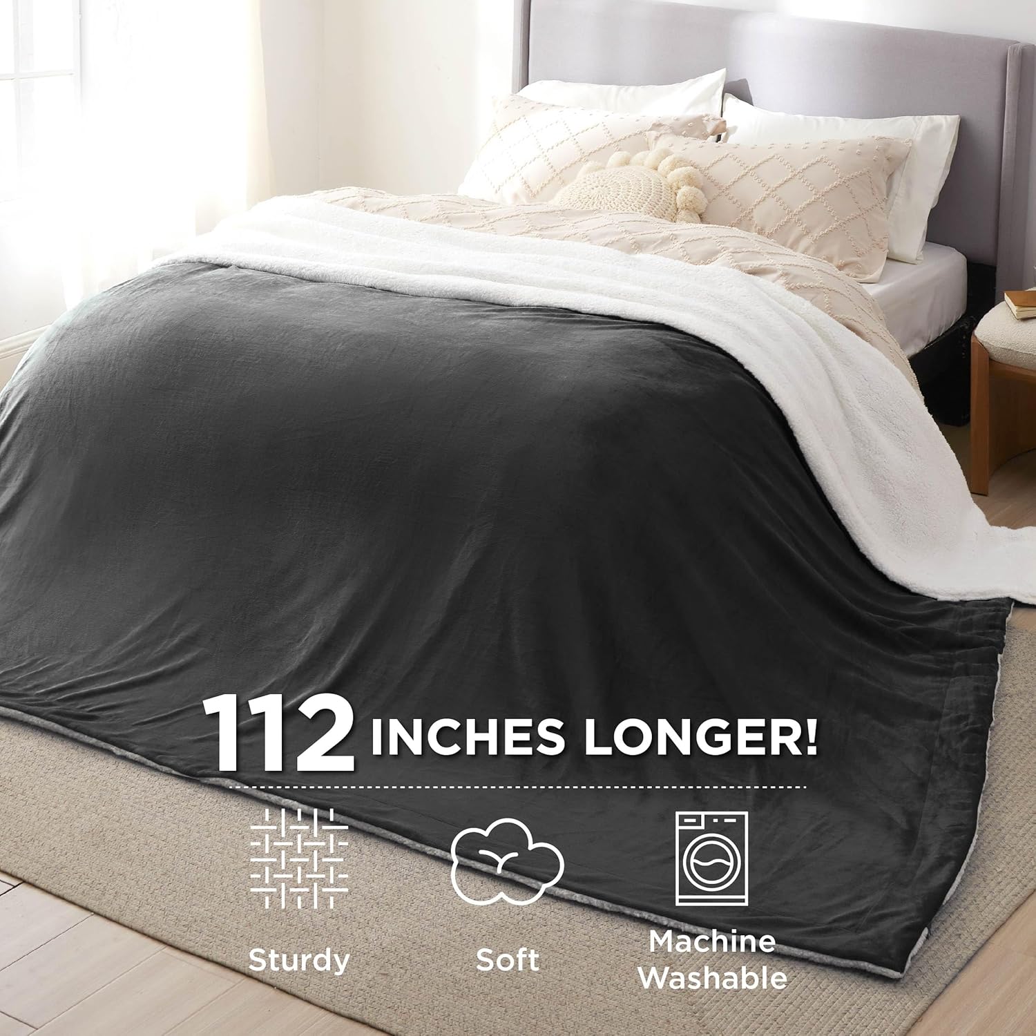 Bedsure GentleSoft Sherpa Fleece Cal King Blankets for Bed, Non-Heated, Thick and Warm Oversized Throw for Women and Men, Soft Fuzzy Plush Large Blanket for Winter, Charcoal, 112x98 Inches - Image 3