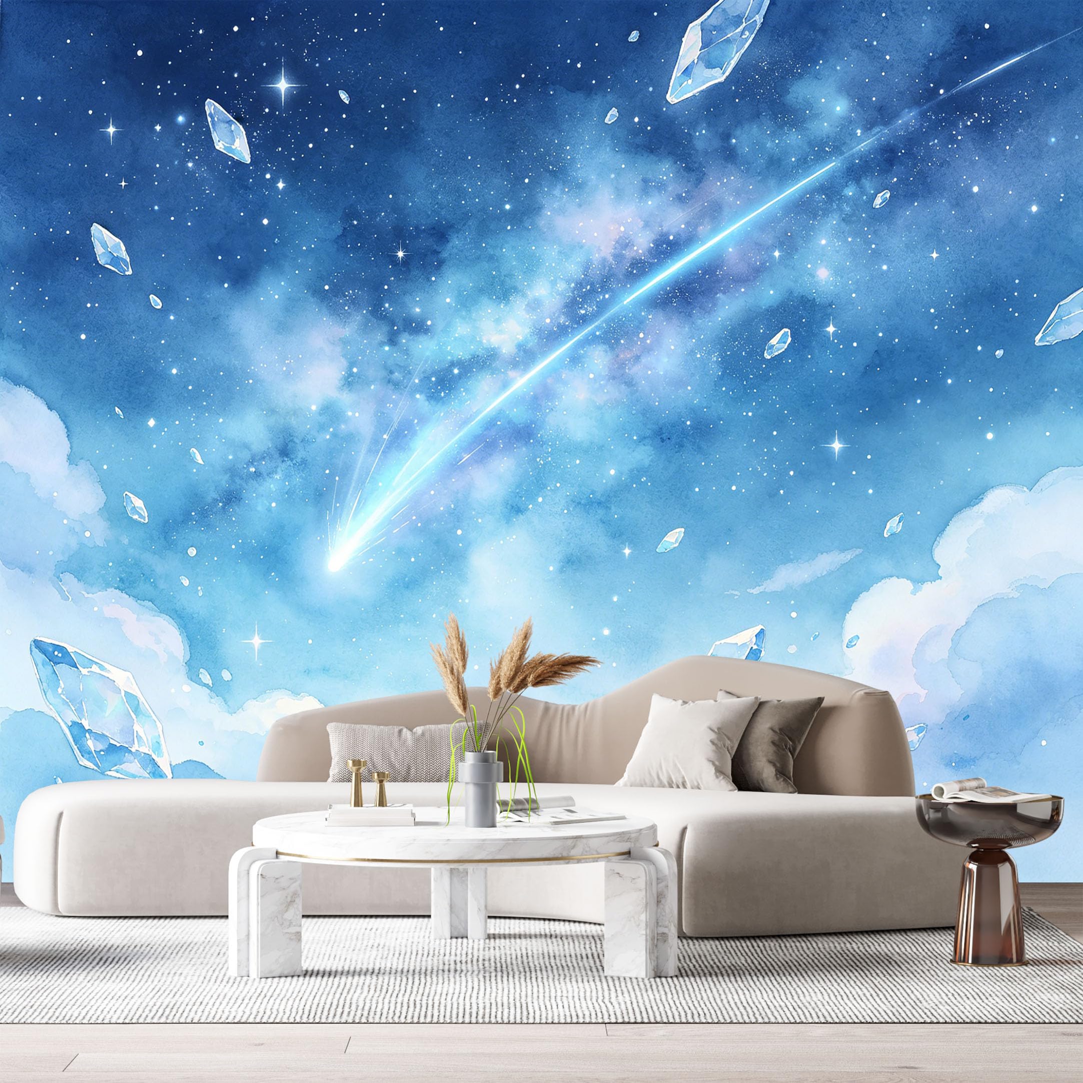 Custom Size Wall Murals Night Sky Watercolor Shooting Star Floating Crystals SelfAdhesiveWall Fabric Removable Wallpaper Wall Decor for Living Room Bedroom Bathroom