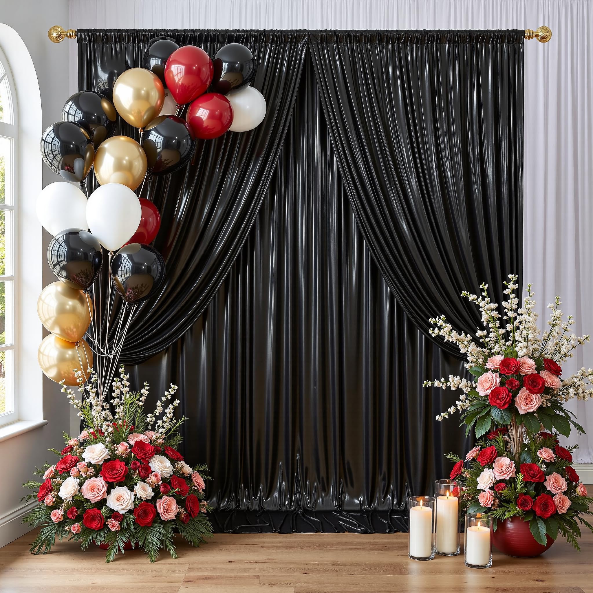 gogoparti Cortina de Fondo de Lentejuelas Negras de 20 x 10 m, 4 Paneles con 15 x 25 cm, sin Arrugas con Purpurina para fotografía, cumpleaños, Bodas y graduaciones