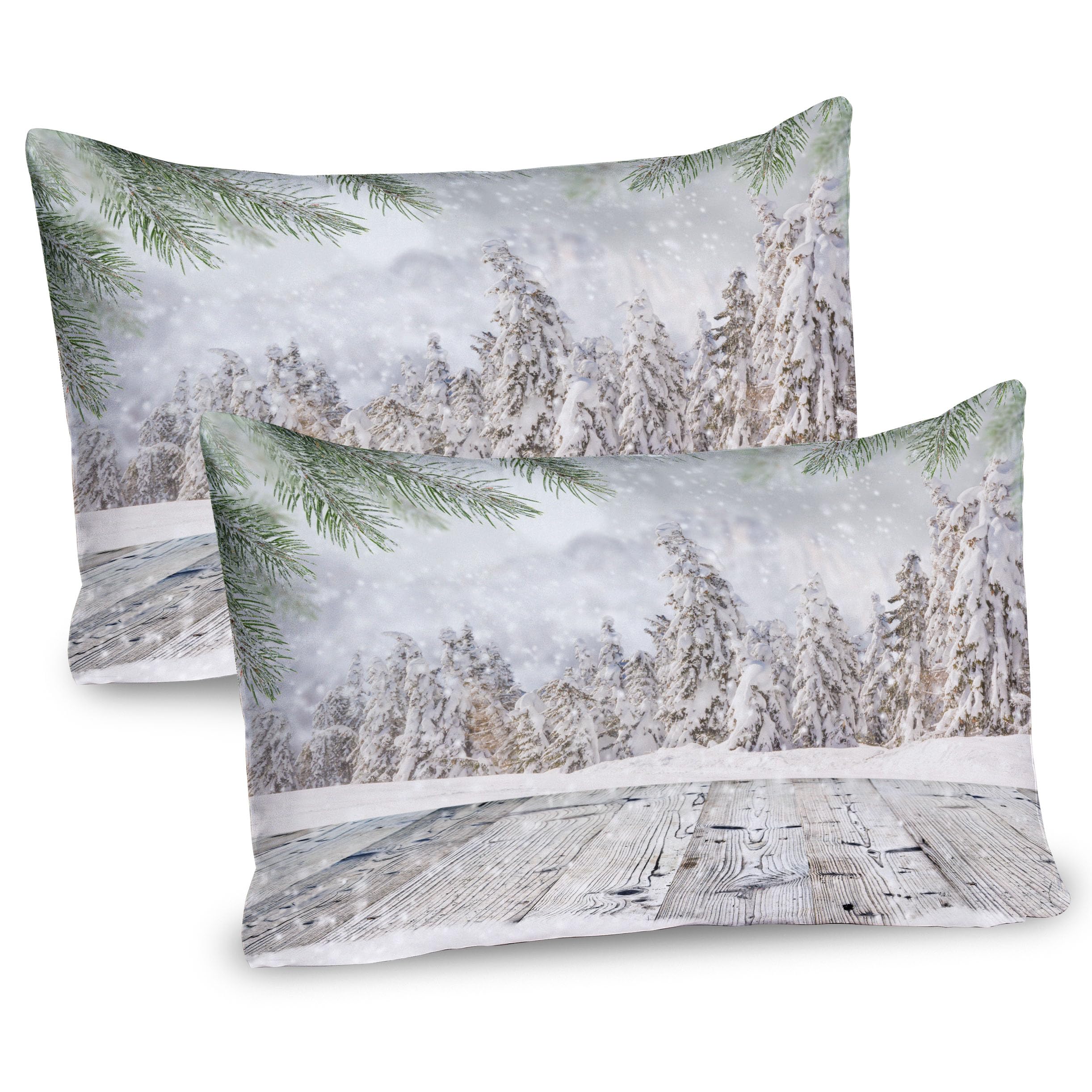 Ambesonne Winter Pillow Sham Set of 2, Abstract Christmas Theme Snow Covered Forest and Wooden Surface Image, Quality Microfiber Bedding Item for All Seasons, 36