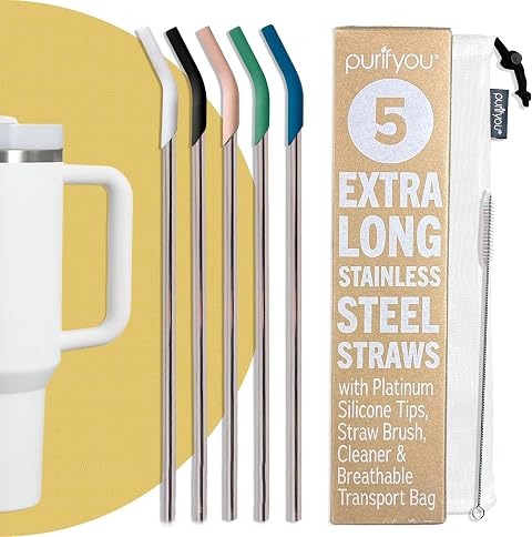 purifyou Extra Long Stainless Steel Reusable Drinking Straws with Silicone Tips