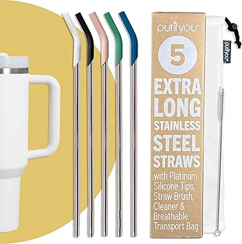 purifyou 14.5" Extra Long Stainless Steel Drinking Straws with Silicone Tips, Reusable Metal Straws for Tumblers, Smoothies, Milkshakes Set of 5 with Brush