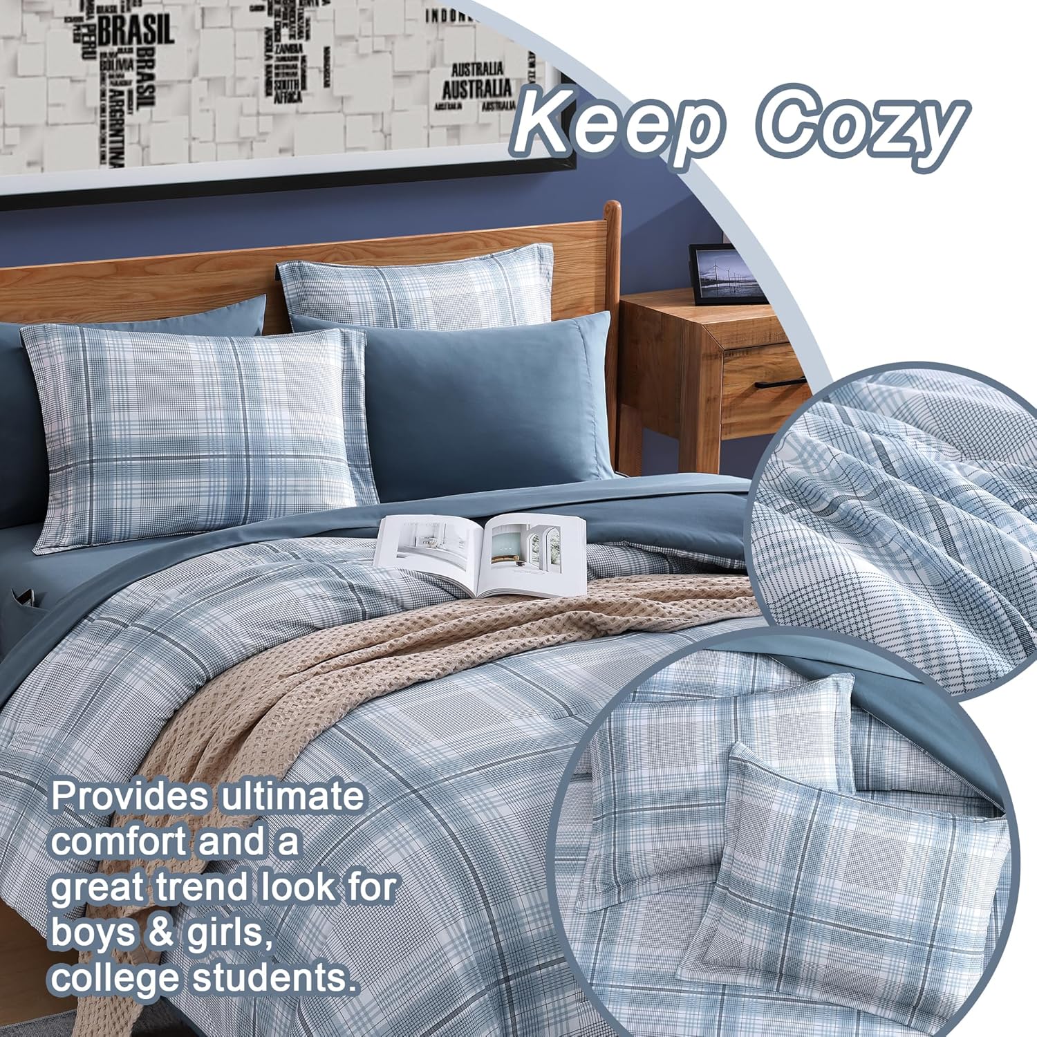 Twin XL Comforter Set, Light Blue Plaid Bedding Set 5 Piece for Boys Girls Teen, Classic Homestead-Style Kids Comforter Set Bed in A Bag with Sheets, Pillowcase & Sham - Image 5