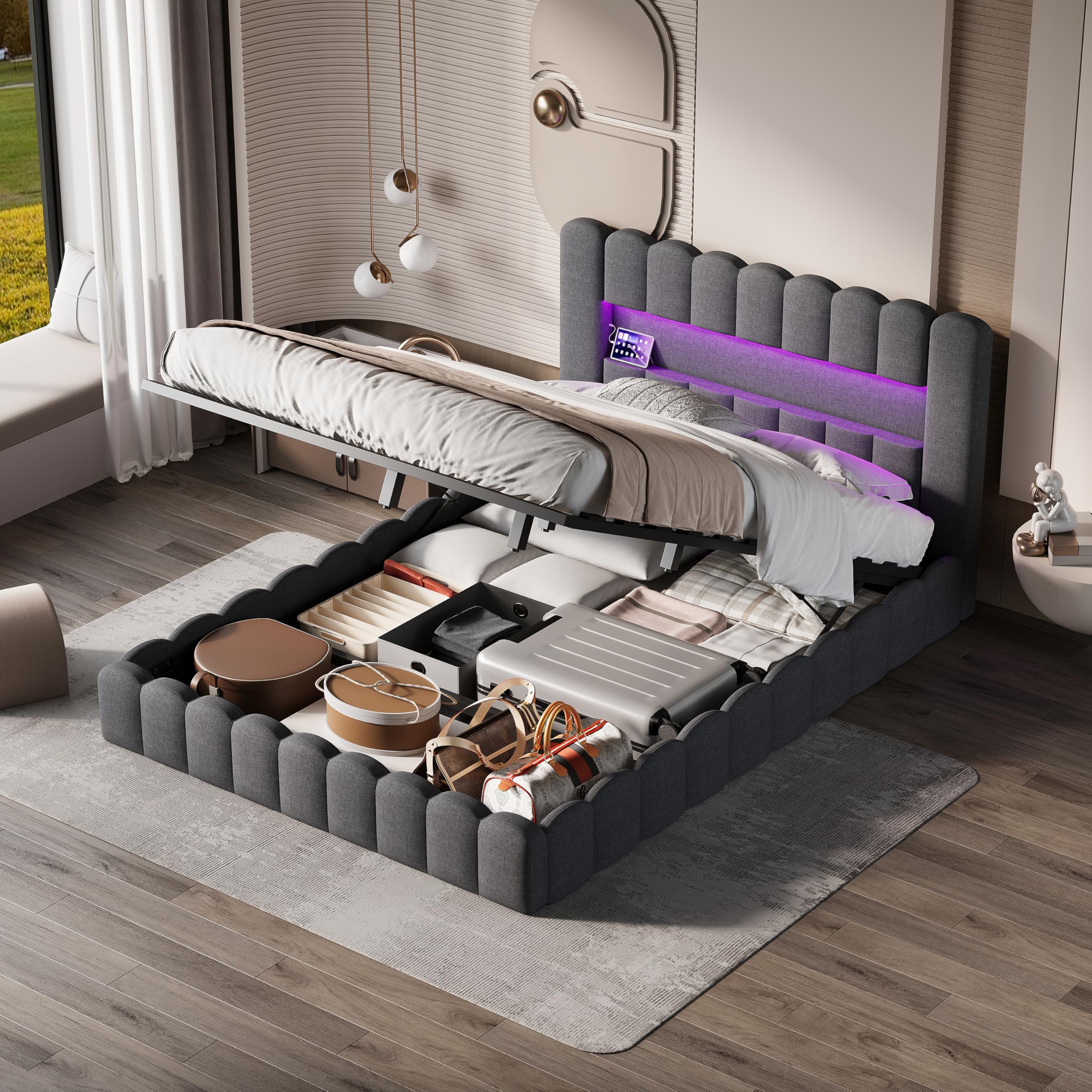 Letto contenitore 180x200 con rete a doghe e vano contenitore, letto matrimoniale con LED e USB, struttura del letto con testiera capitonné, letti a 2 piazze imbottiti, lino grigio