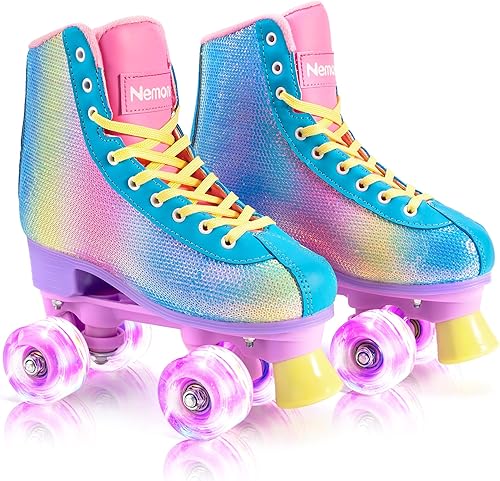 Patines clásicos para mujeres, niñas, con ruedas iluminadas, patines de arco iris brillante de alta calidad, patines clásicos para adultos, jóvenes,