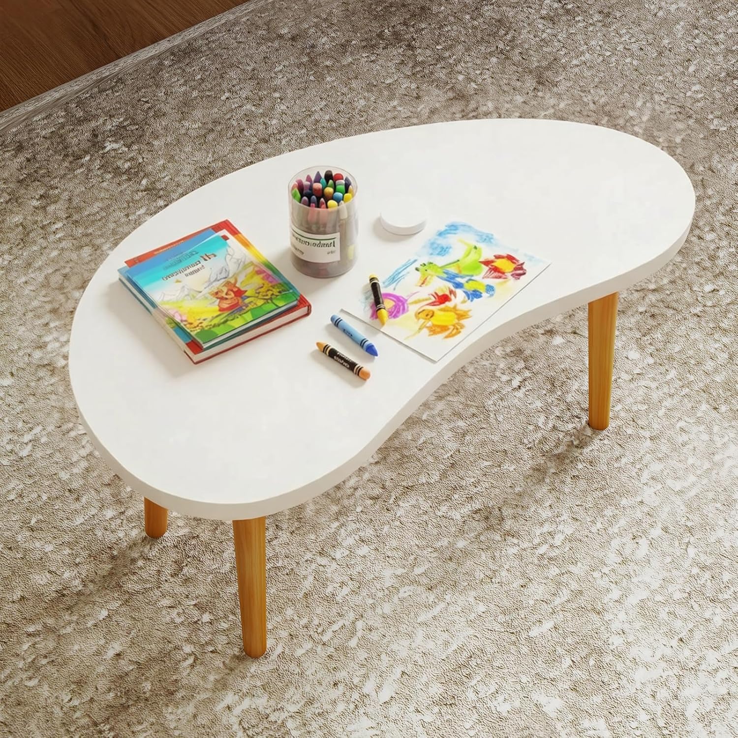 Mango Coffee Table Low Table with 4 Solid Wood Sturdy Legs,Floor Table Desk for Sitting on The Floor,19.7"D x 31.5"W x 16"H Inches,Living Room/Toy room Furniture,Rental house Furniture(White)