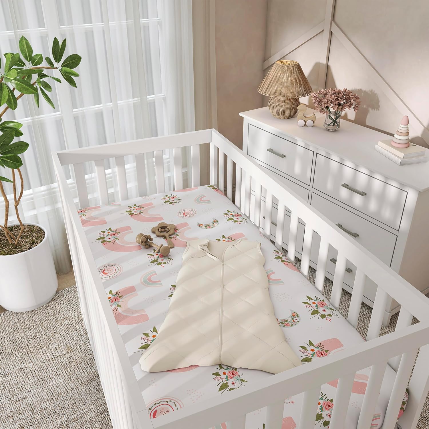 Evolur Rainboho 3 Piece Crib Bedding Set, Machine Washable, Soft and Breathable Toddler Bedding Set, Includes Fitted Sheet, Wearable Blanket and Crib Skirt