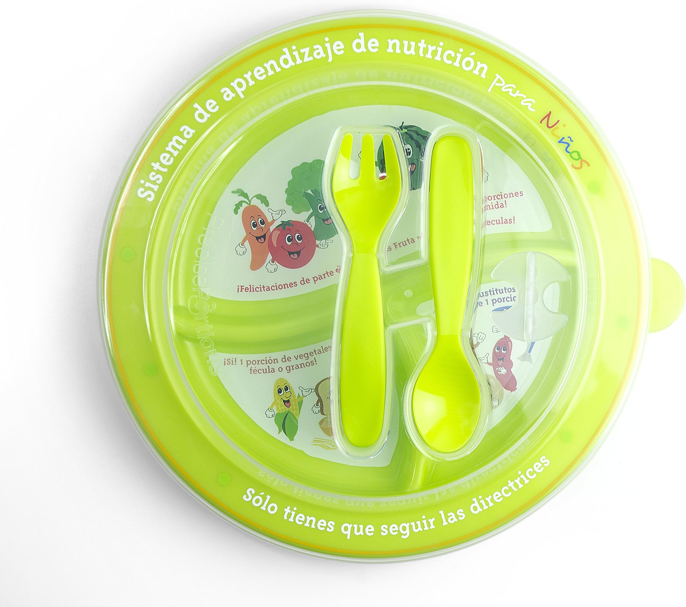 Healthy Nutrition Plates for Kids - Portion Guidelines Imprinted in Spanish with Food Grade Material - BPA Free Plastic - Dishwasher, Fridge and Microwave Safe - Includes a Plate, Lid, Fork and Spoon