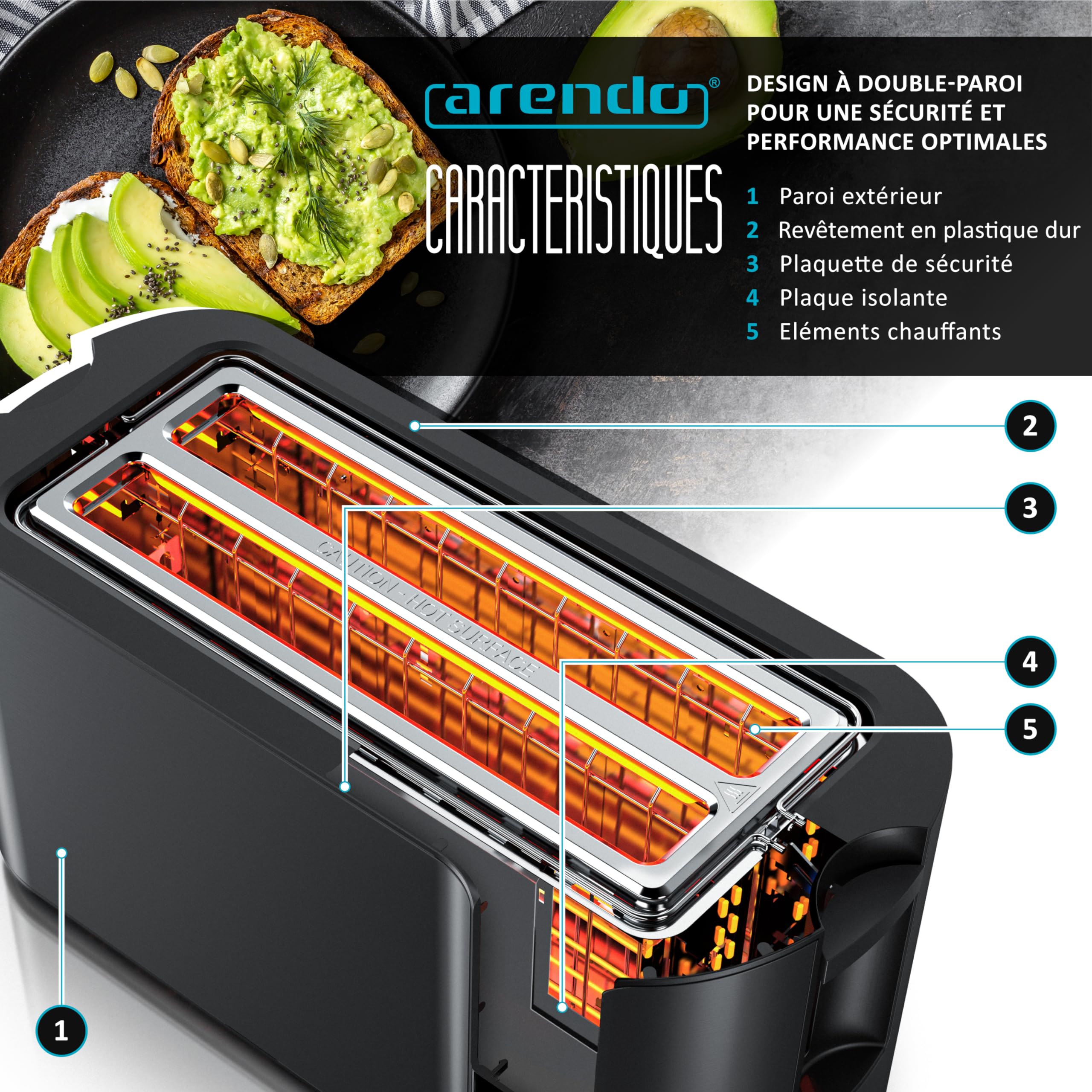 arendo Grille-Pain à 4 Fentes Longues 1500 W, écran Tactile, boîtier à Double paroi, Support à viennoiseries, 7 Niveaux de brunissement, centrage et Affichage du Temps restant, Fonction mémoire