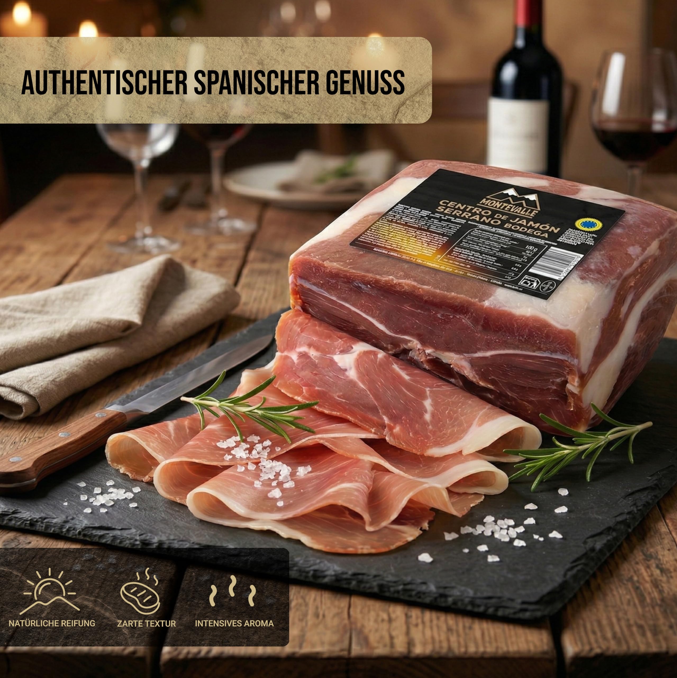 Montevalle Serrano Schinken Gran Reserva 2,5 kg | Entbeintes Schinkenstück (Maza) | 12 Monate traditionell gereift | Ideal für Profi-Schnitt (Messer oder Maschine)