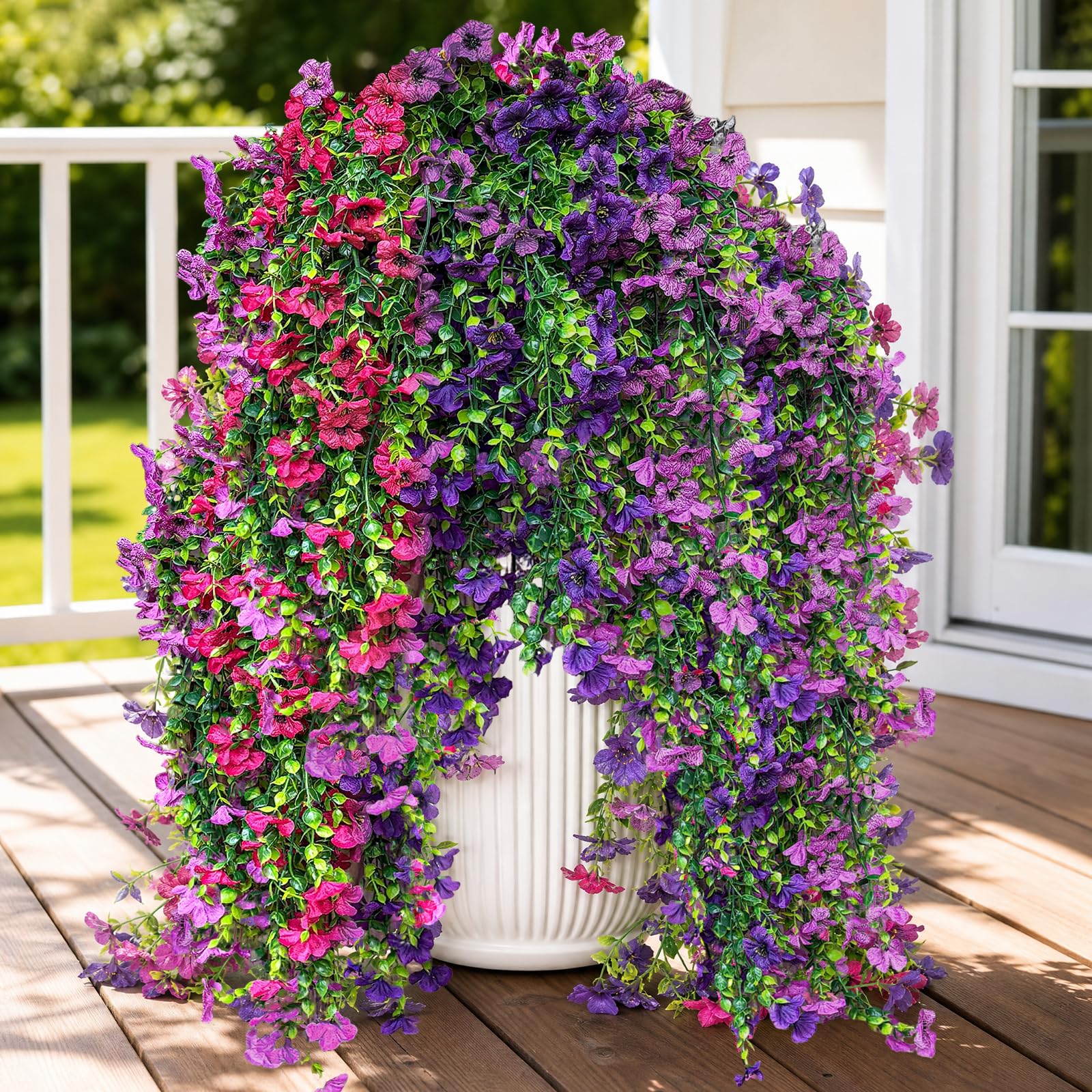 CLEANGOR 12Pcs Artificial Fake Hanging Flowers Plants for Outdoor (3 Color) | UV Resistant Artificial Outdoor Plant, Faux Silk Daisy with Eucalyptus Leaves, for Garden, Porch, Balcony, Yard Decor