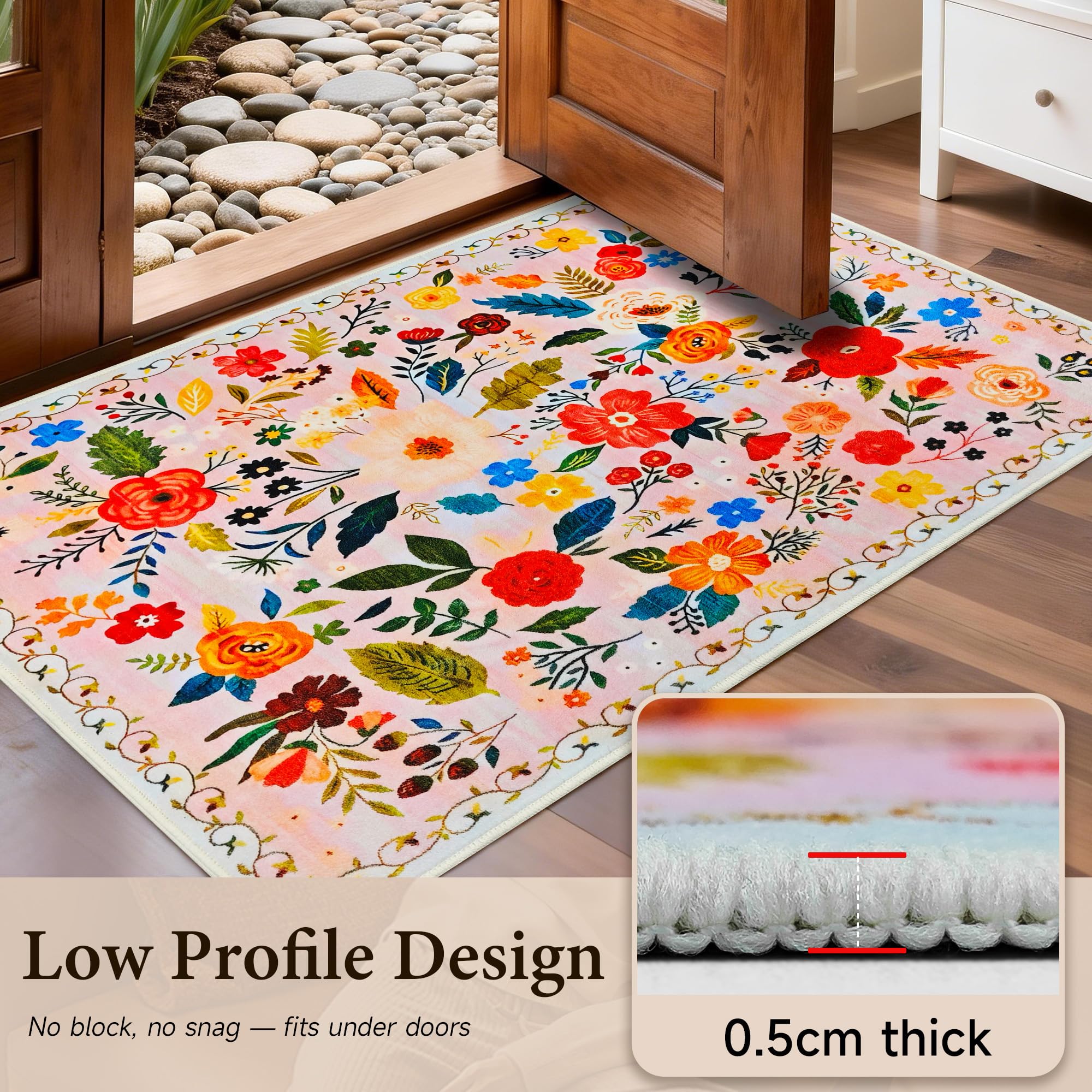 Felpudo Ultrafino para Interiores,122x80cm,Lavable,para La Entrada | Felpudo Interior Colorido Que Atrapa La Suciedad, Con Estampado Floral Bohemio E Impermeable, Con Base Antideslizante De Goma