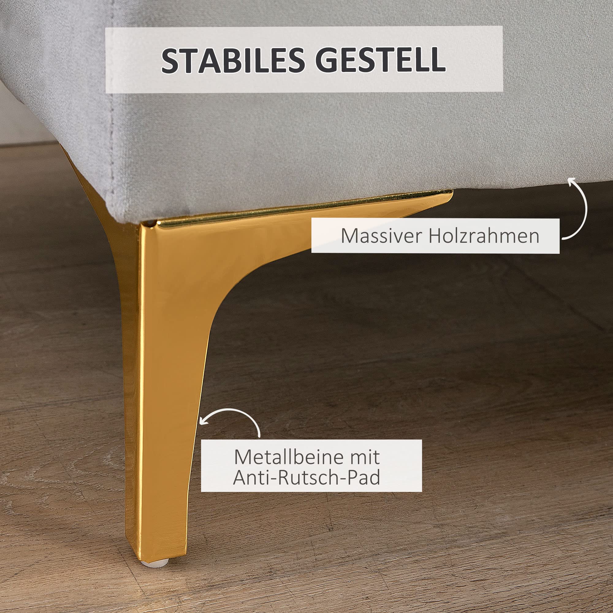 HOMCOM Sitzbank Polsterbank mit Samt-Bezug Bettbank mit Metallrahmen, Schuhbank für Schlafzimmer, Wohnzimmer, Flur 118 x 45 x 42 cm Hellgrau