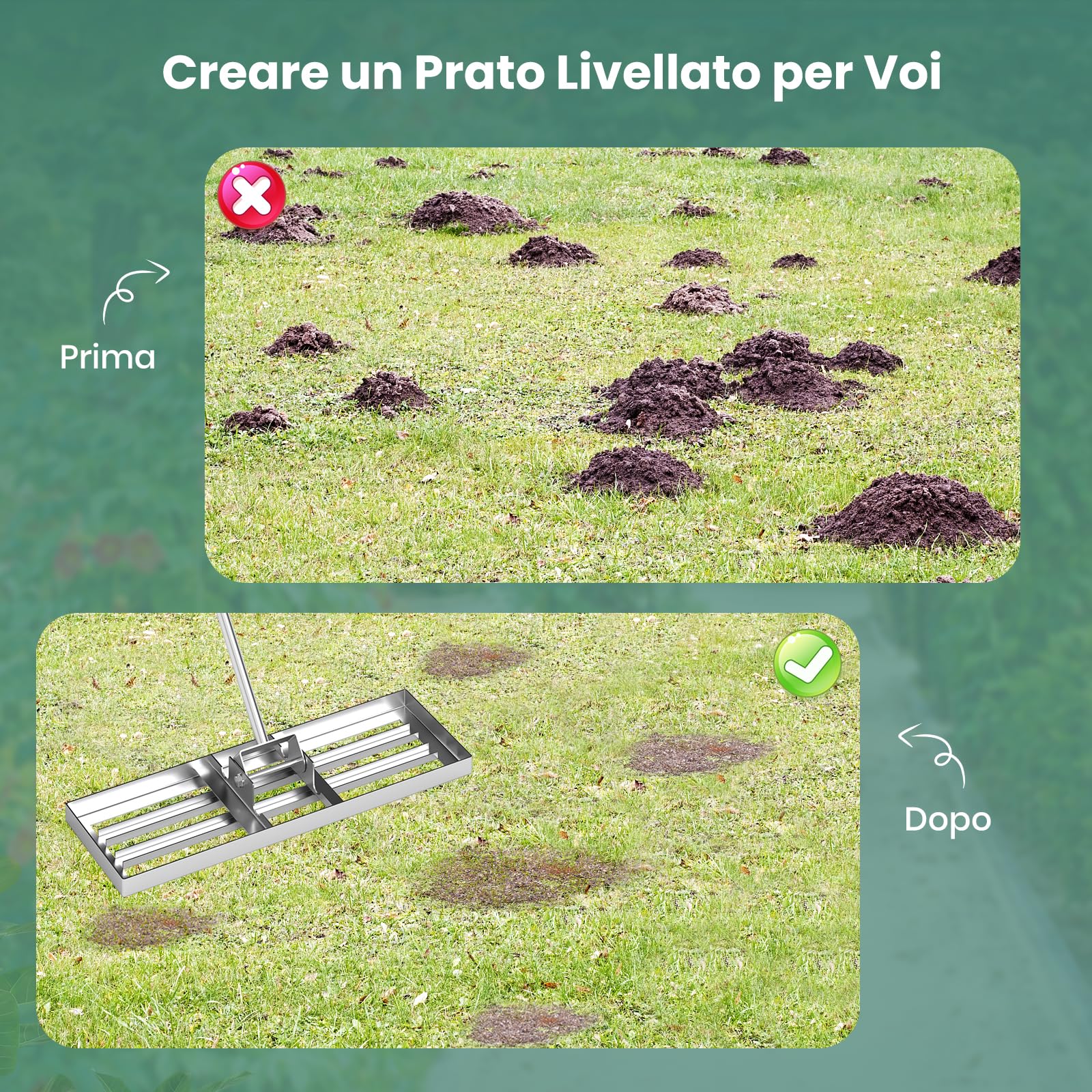 RELAX4LIFE Rastrillo Nivelador de Césped con Mangos Ergonómicos, Empuñaduras Antideslizantes y Cabezales Giratorios 180º para Nivelar y Compostar, Cepillo de Césped para Jardín (75x25cm, Plateado)