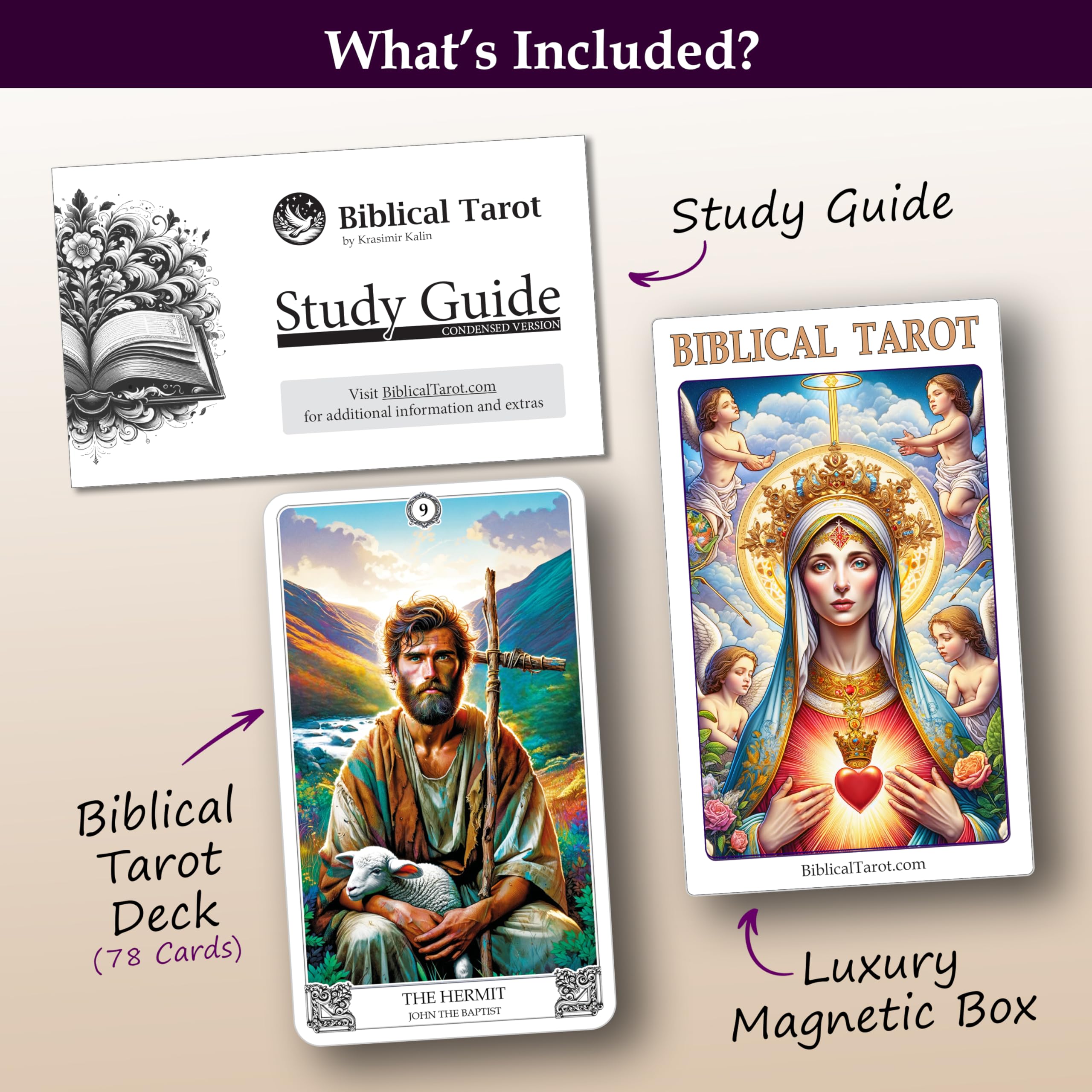Deck: A 78-Card Deck & Guidebook Einzigartig, basierend auf der Weisheit der Bibel Premium Qualität Flexibel und leicht zu mischen Hochdetaillierter Druck Volle Größe - 4,75 x 2,75