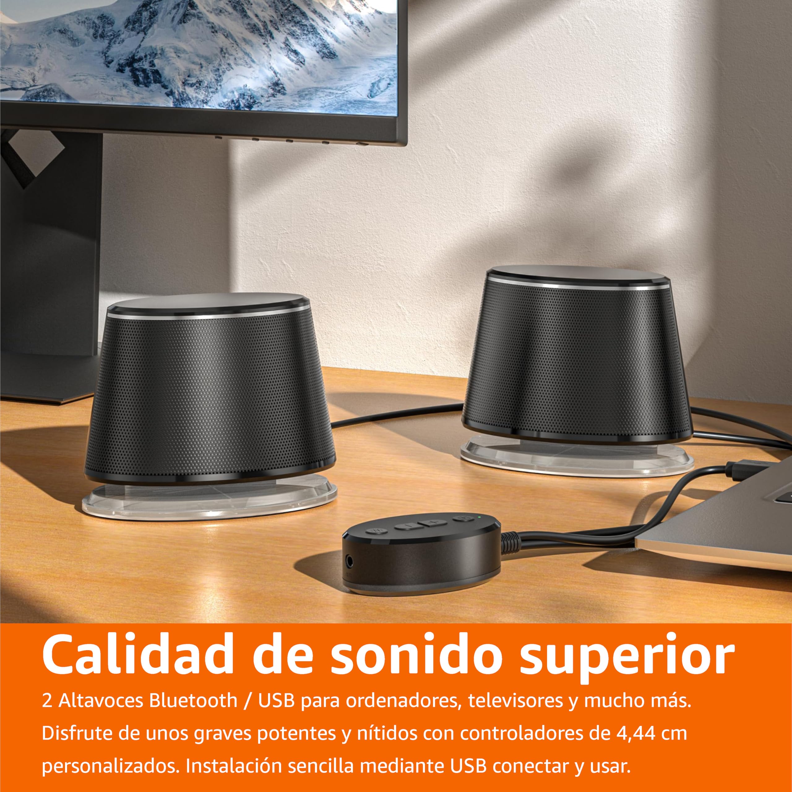 Amazon Basics Altavoces de ordenador con Bluetooth y USB, luz azul, Black