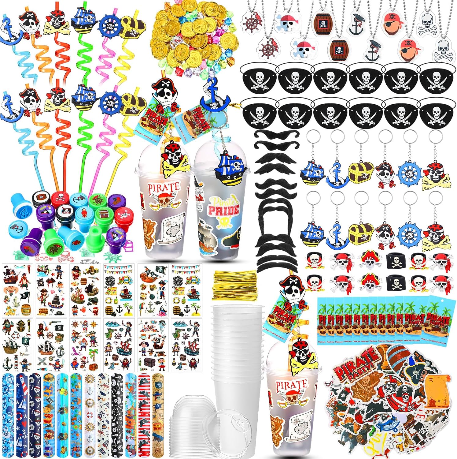 Spakon 283 Pcs Pirate Party Favors Supplies Include Pirate Pendants Bracelets Cup Straw Keychains Rings Eye Masks Mustache Tattoo Stickers Gold Coins Cards for Birthday Party