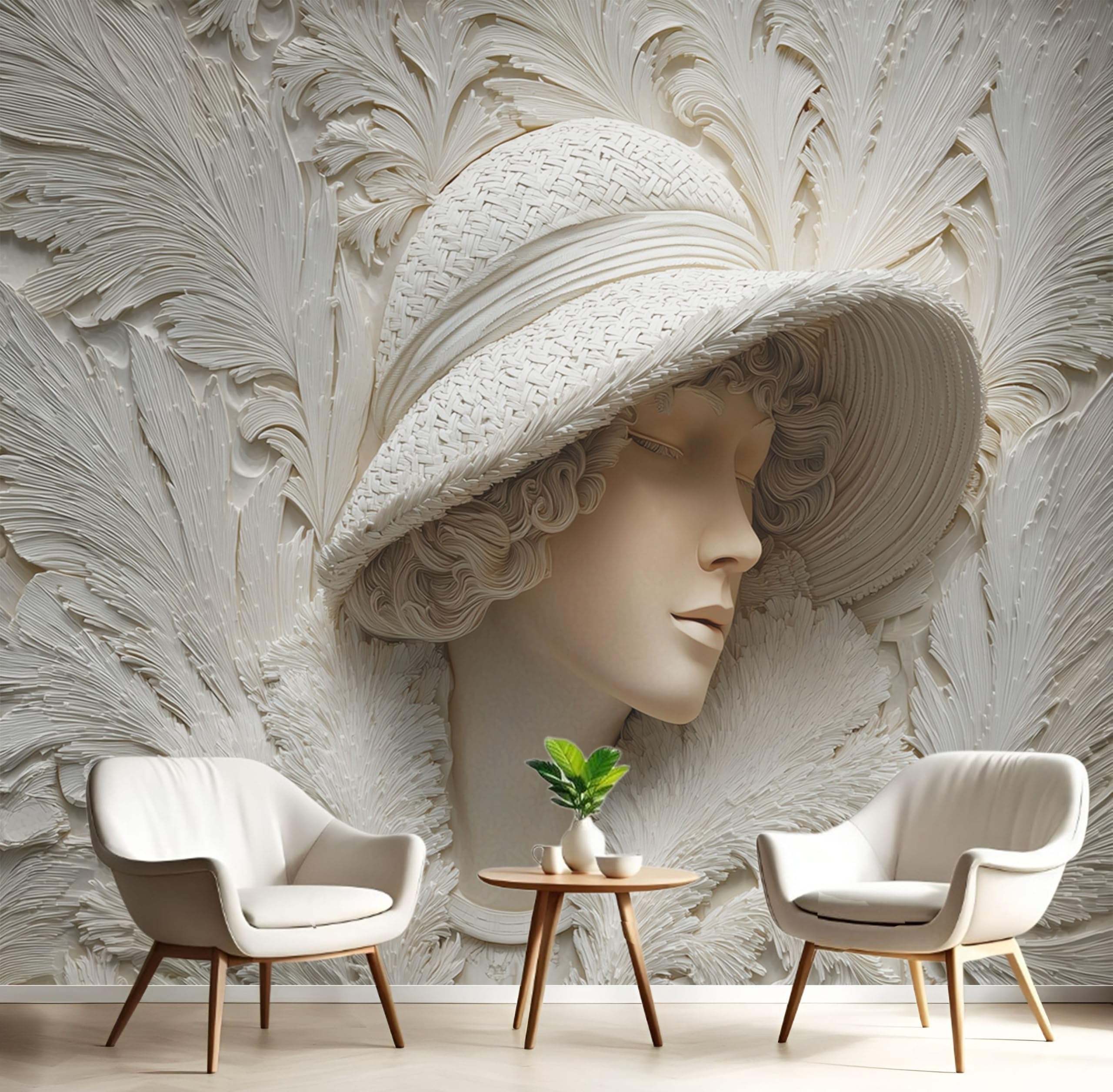 Papier peint panoramique 200x140cm beige à effet relief 3D dame élégante