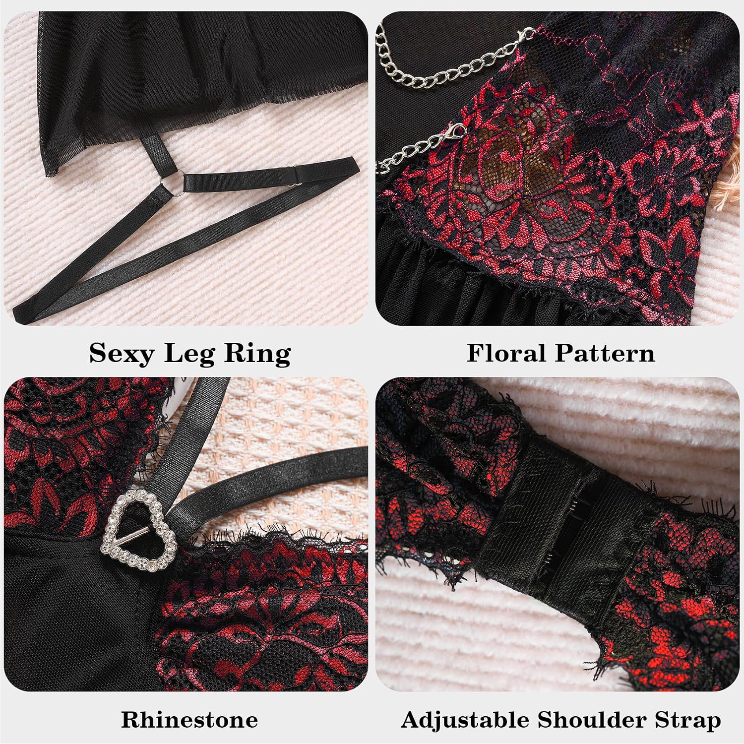 Famstar Sexy Lingerie for Women with Floral Deep V Neck Lace Nightwear Mesh Babydoll Dress