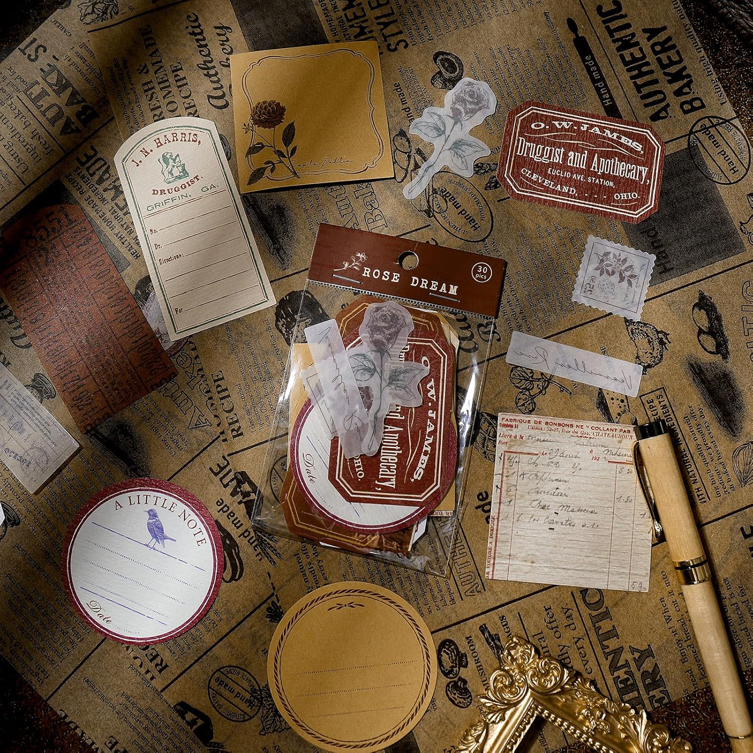 120 Piece Vintage Scrapbook Stamp Stickers Aged Antique Stickers Parchment Old Retro Paper Stickers for Personal Retro Crafts, Journaling Projects and Paper Collection Supplies (Romantic Style)