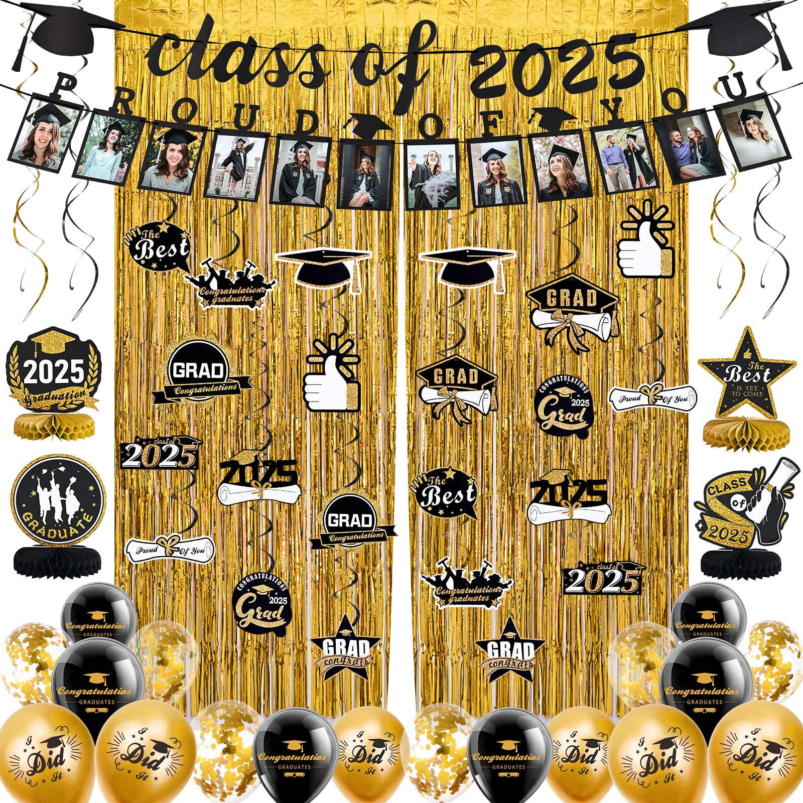 FRAMICS Graduation Decorations 2025, Graduation Banner Class of 2025, Graduations Photo Banner, Tinsel Backdrop Curtains, Ballons & Streamers Kit,
