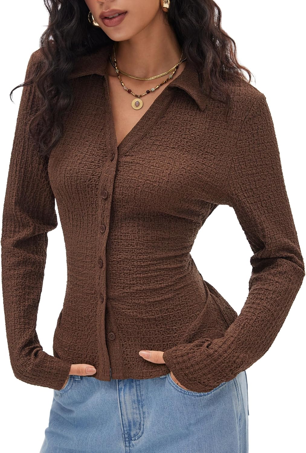 CIDER Women's Long Sleeve Tie Back Button Down Blouse Slim Fit V Neck Textured Top Casual Fall Outfit - Image 2