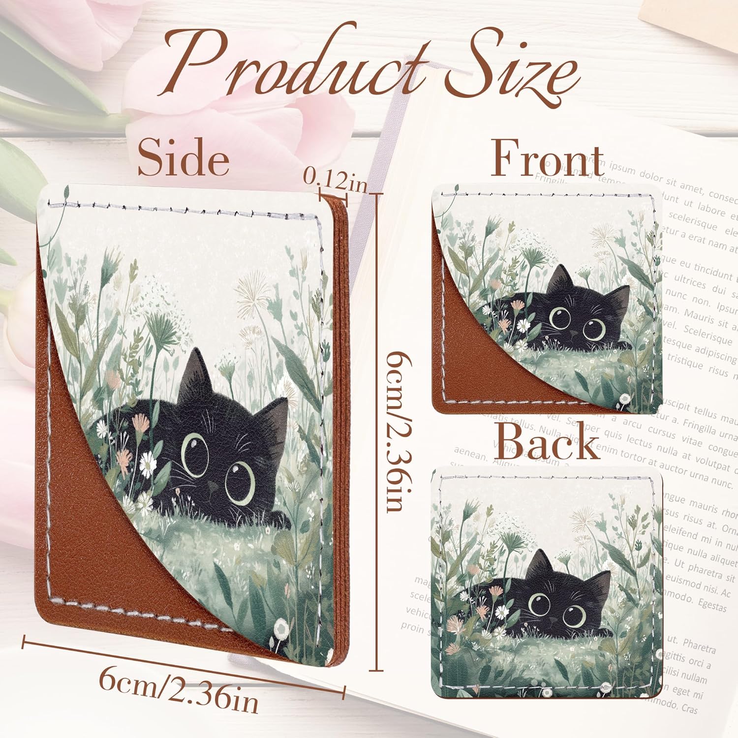 Cute Cats Bookmark Gifts - 6 Pcs Black Floral Leather Corner Bookmarks for Women Students Book Lover Funny Animal Page Markers Clip Reading Accessories Bookish Gift for Birthday Christmas - Image 3