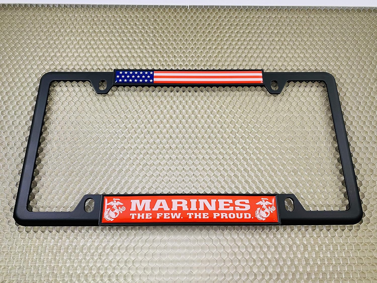 [Officially Licensed USMC Product] - Marines. The Few. The Proud. - Domed Custom-Made Personalized Narrow (Thin) Top 4 Hole Metal Car License Plate Frame with Free caps - Black (Qty: 1 Frame)