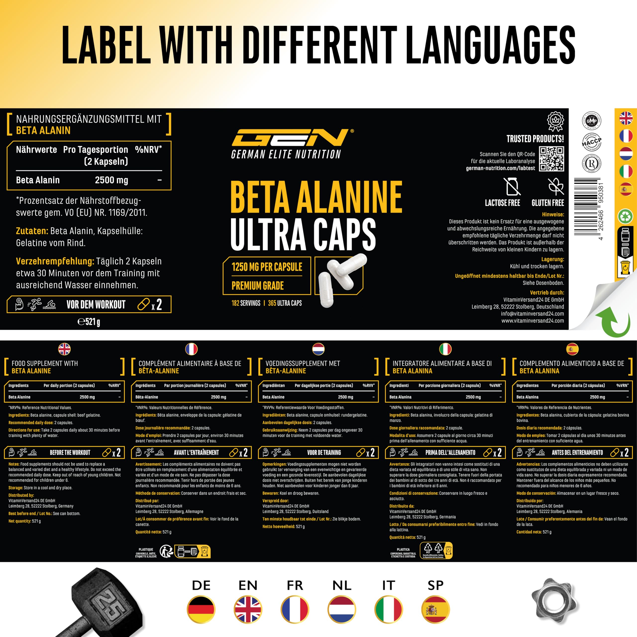 GEN GERMAN ELITE NUTRITION Beta Alanin Ultra Caps - 365 Kapseln - 1250 mg | 99% Reinheit, hochdosiert, ohne unerwünschte Zusätze