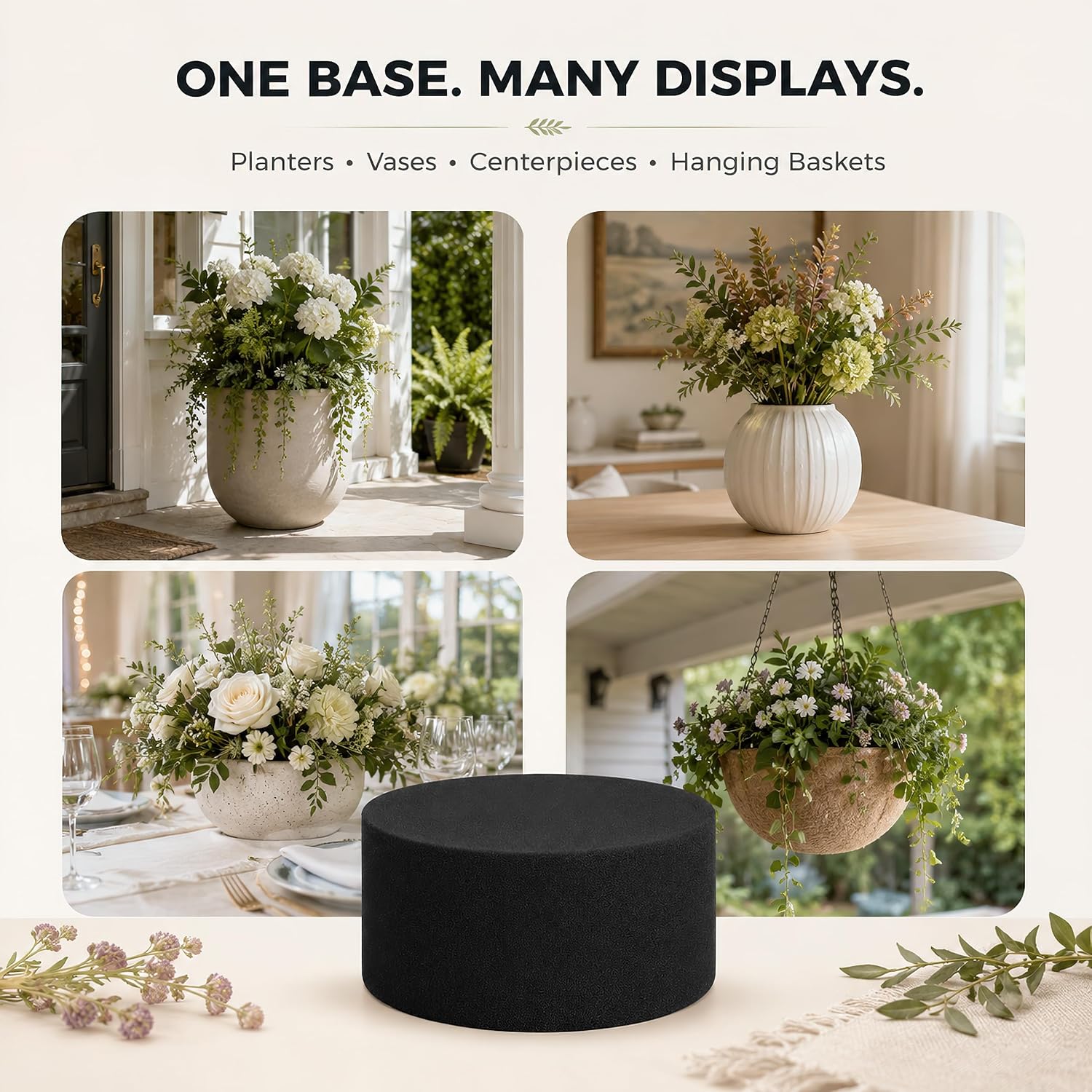 Black Round Floral Foam for Outdoor Planters, Reusable, 6-Pack, 5-Inch