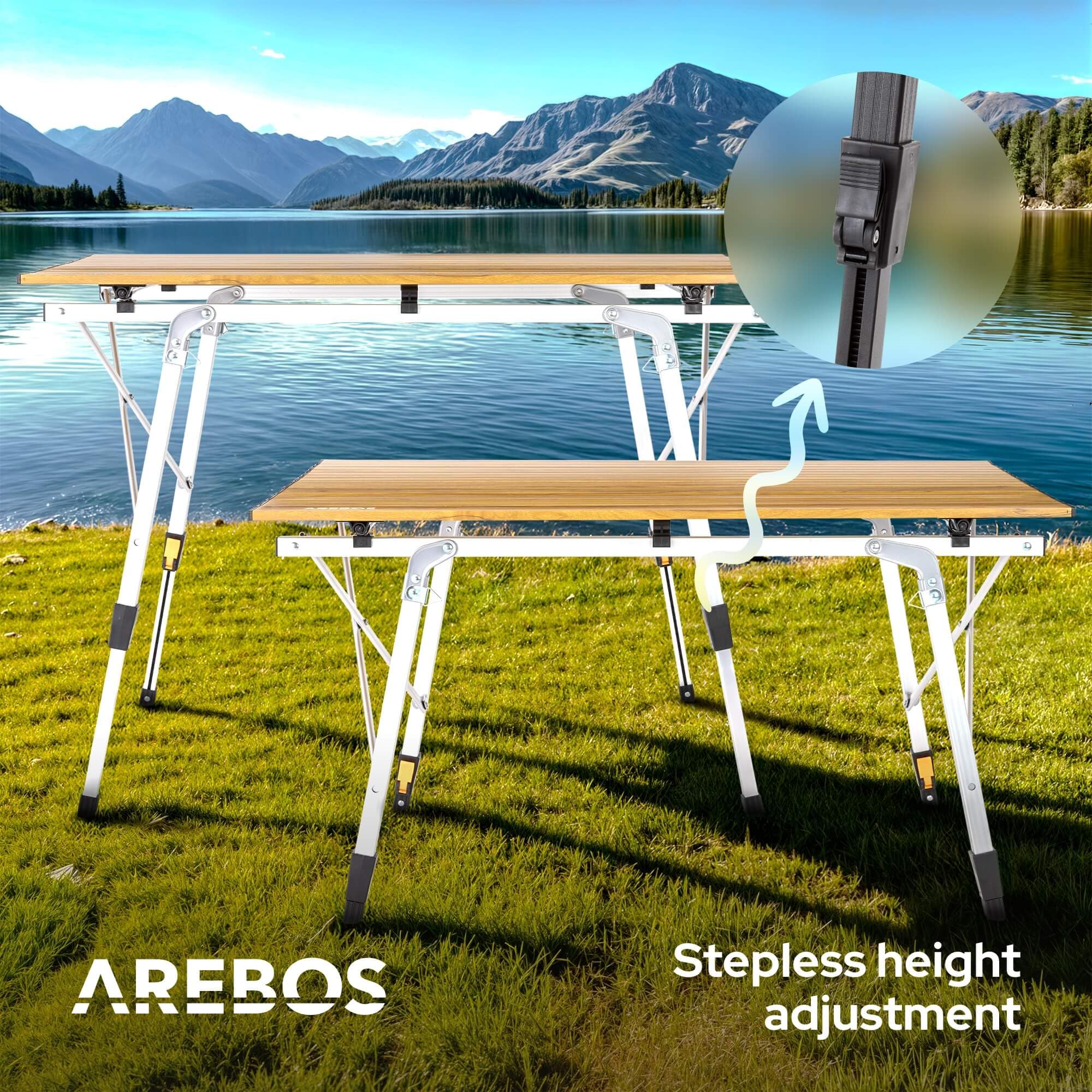Arebos Mesa de Camping Plegable con Altura Regulable (47-69 cm), Accesorios para Camping, Jardín, Barbacoa, Picnic y Balcón, Mesa de Viaje, Incluye Bolsa de Transporte | Marrón