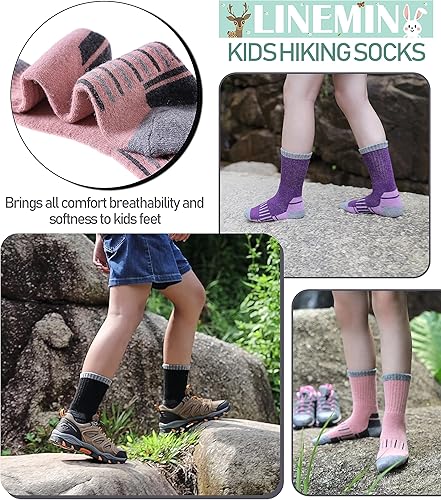Miniatura 3 de LINEMIN Calcetines de senderismo de lana merino para niños y niñas, cálidos, gruesos, térmicos, acolchados, para invierno, 6 pares