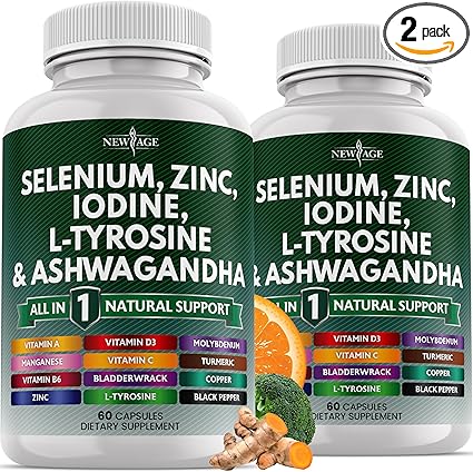 NEW AGE Selenium, Zinc, Iodine, L Tyrosine, Ashwagandha - Supplement for Women and Men with Bladderwrack, Turmeric, Silica Kelp, Schisandra - 120 Count
