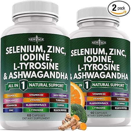 NEW AGE Selenium, Zinc, Iodine, L Tyrosine, Ashwagandha - Supplement for Women and Men with Bladderwrack, Turmeric, Silica Kelp, Schisandra - 120 Count